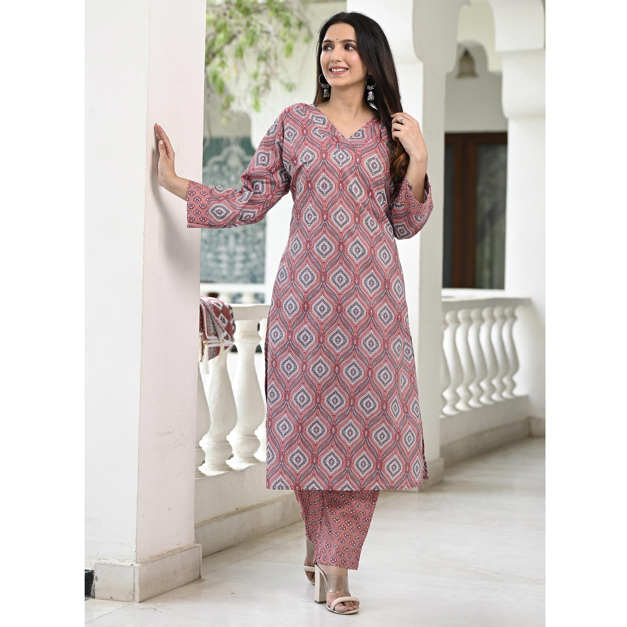 Peachmode Mauve Printed Pure Cotton Suit - view 5