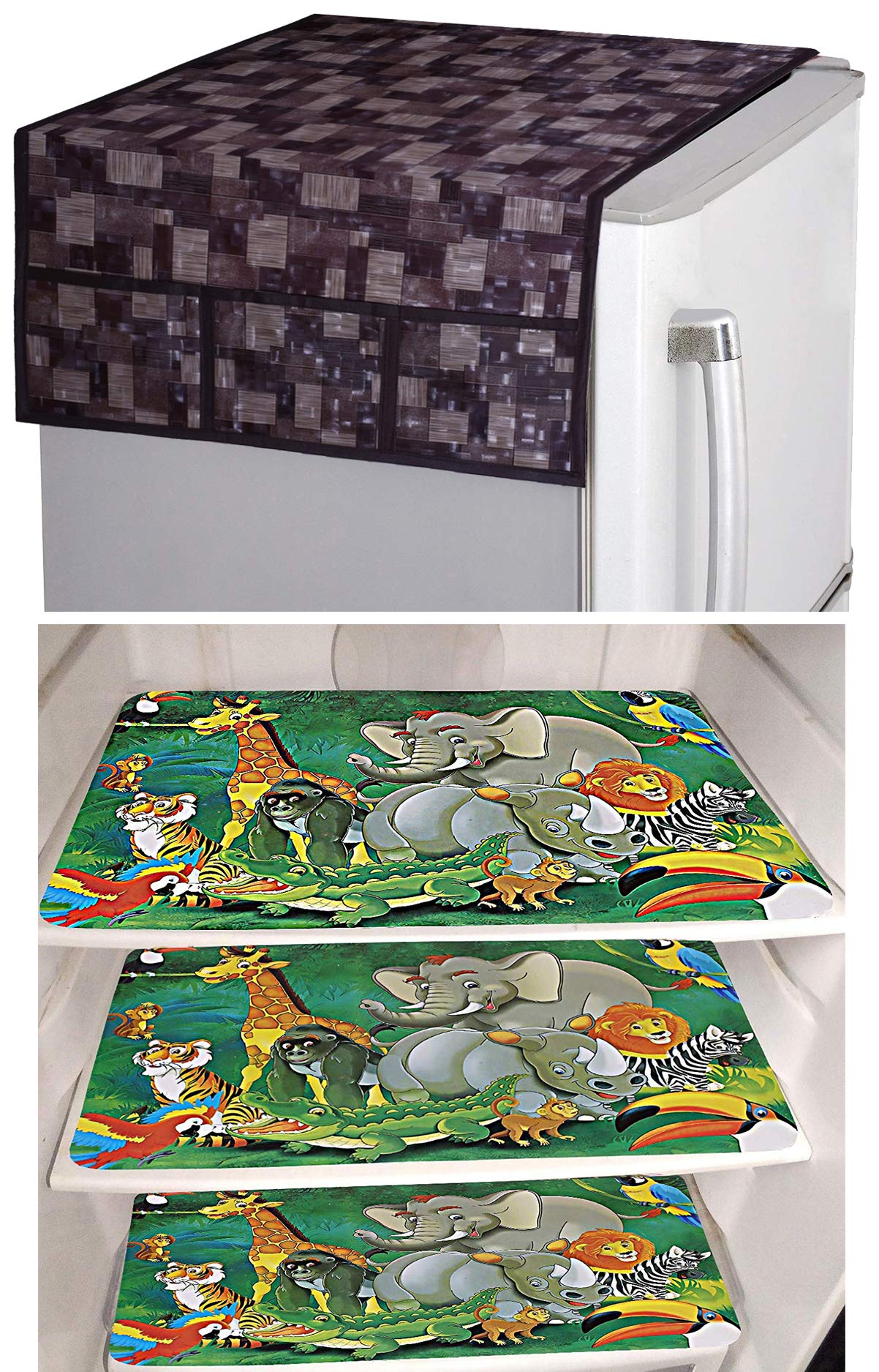 Kuber Industries Cartoon Design 3 Pieces PVC Fridge Mats and 3D Checkered Design 1 Piece Fridge Top Cover (Brown) - CTKTC039744