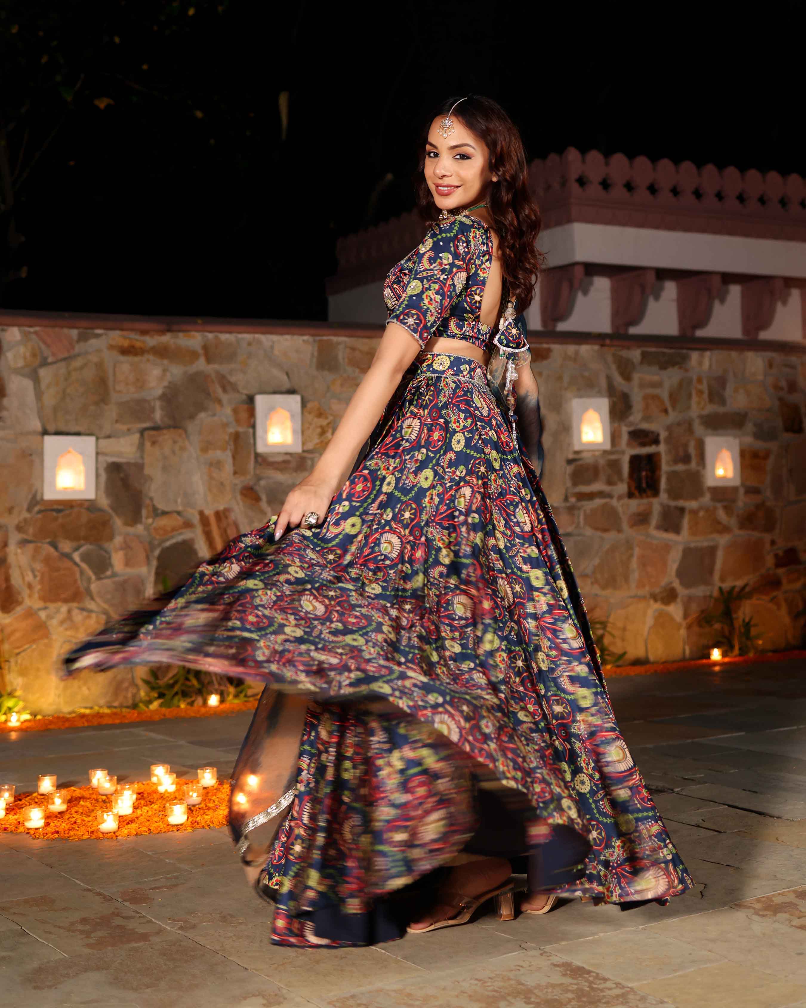 Aachho Laaya Blue Printed Hand Embroidered Satin Lehenga Set - view 11
