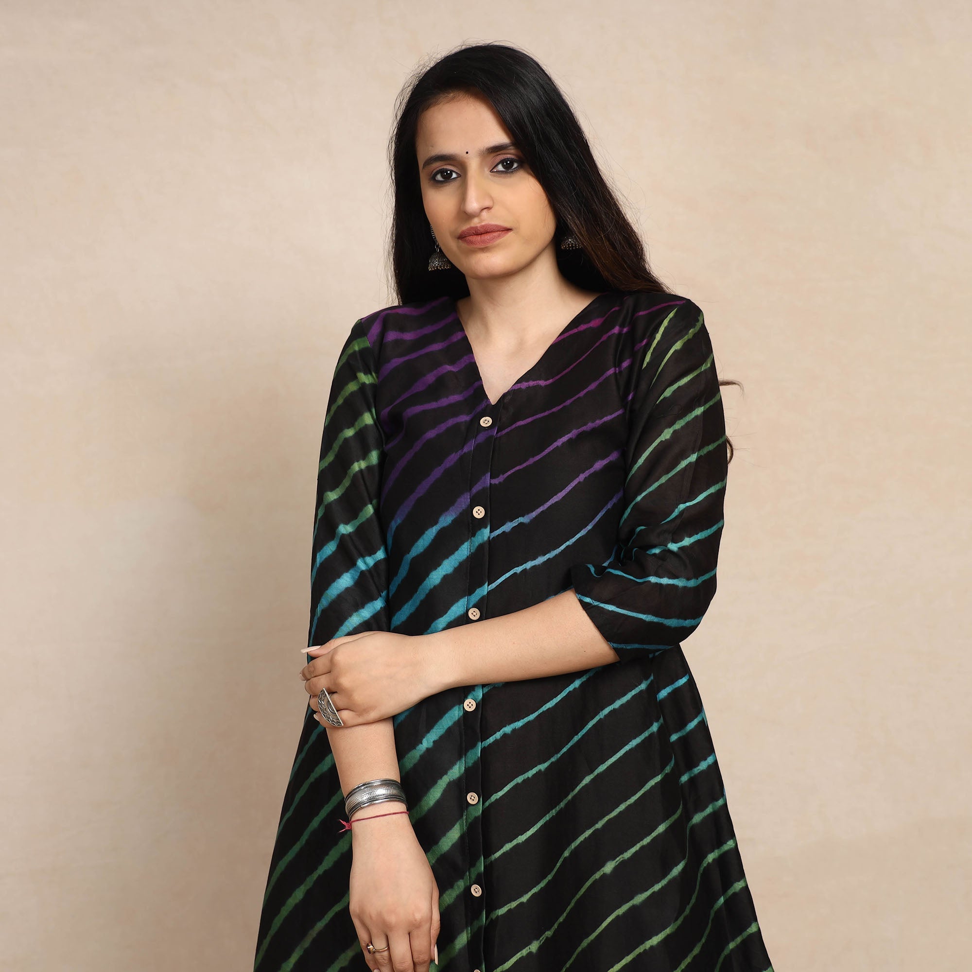 ITOKRI CASUALS Black - Leheriya Tie-Dye Chanderi Silk A-Line Long Kurta