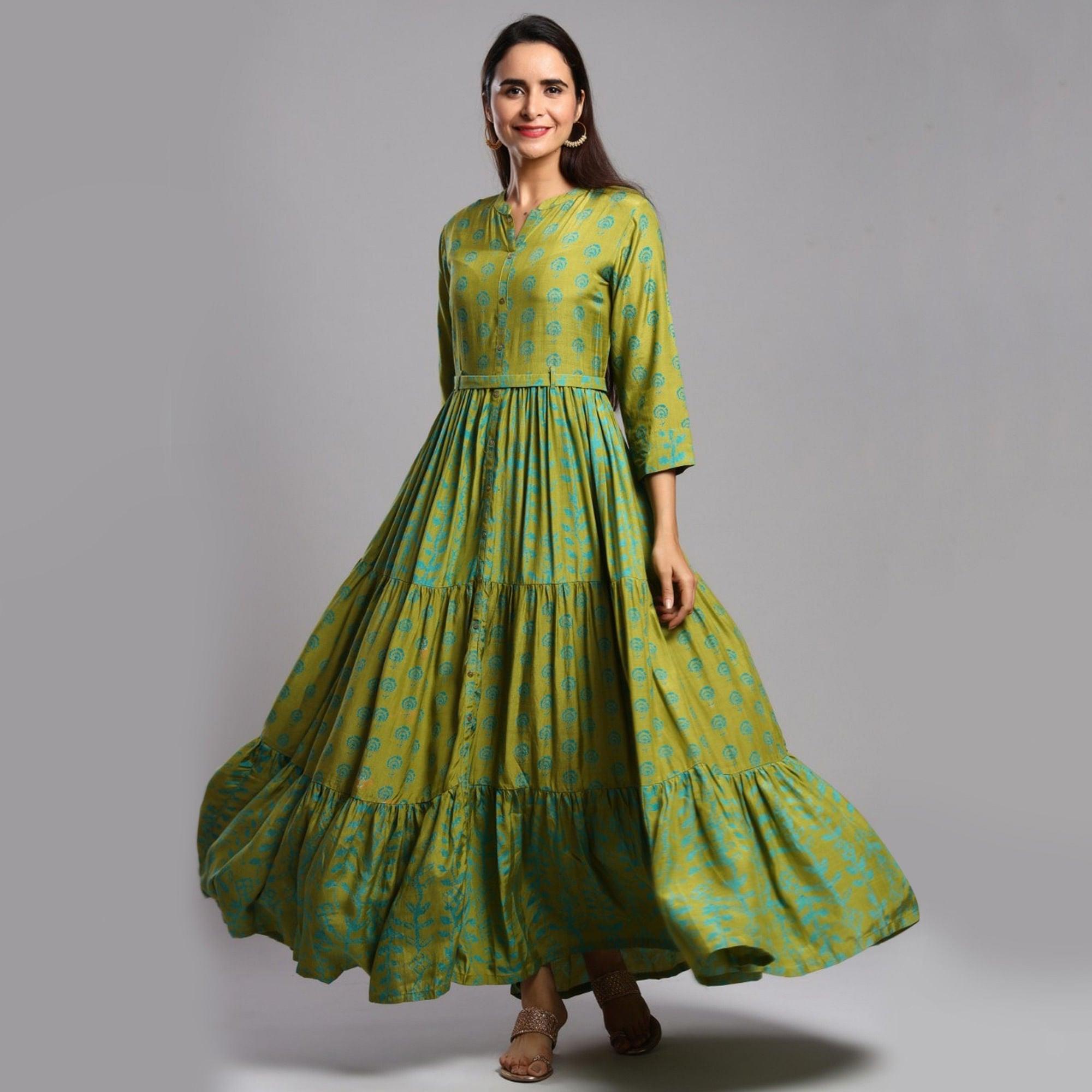 Peachmode Exceptional Green Colored Partywear Printed Anarkali Style Cotton Silk Long Kurti