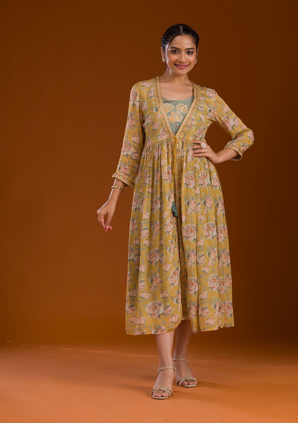 Koskii Mustard Threadwork Chiffon Readymade Salwar Suit - view 3