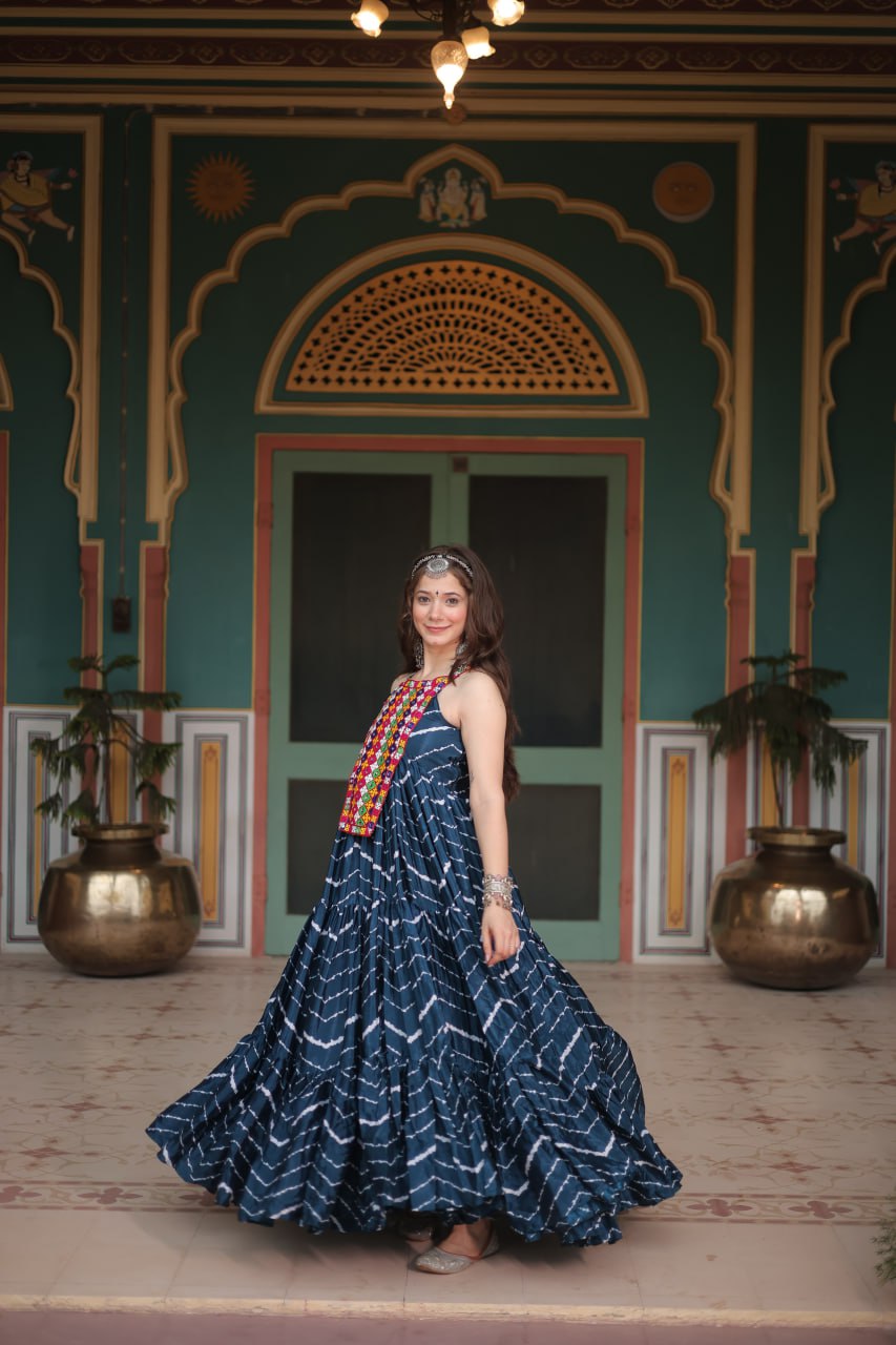 ClothsVilla Navy Blue Graceful Leheriya Print Gown with Kutchi Patchwork - view 2