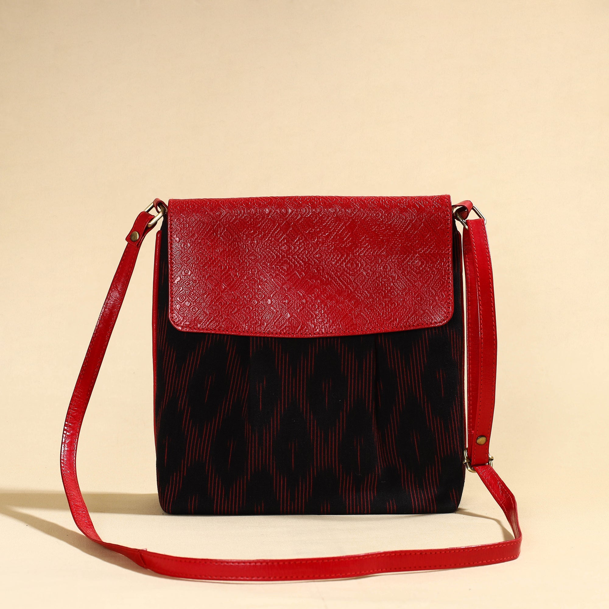 ASALKAAR Black - Handcrafted Ikat Fabric Sling Bag with Embossed Leather Flap - view 2
