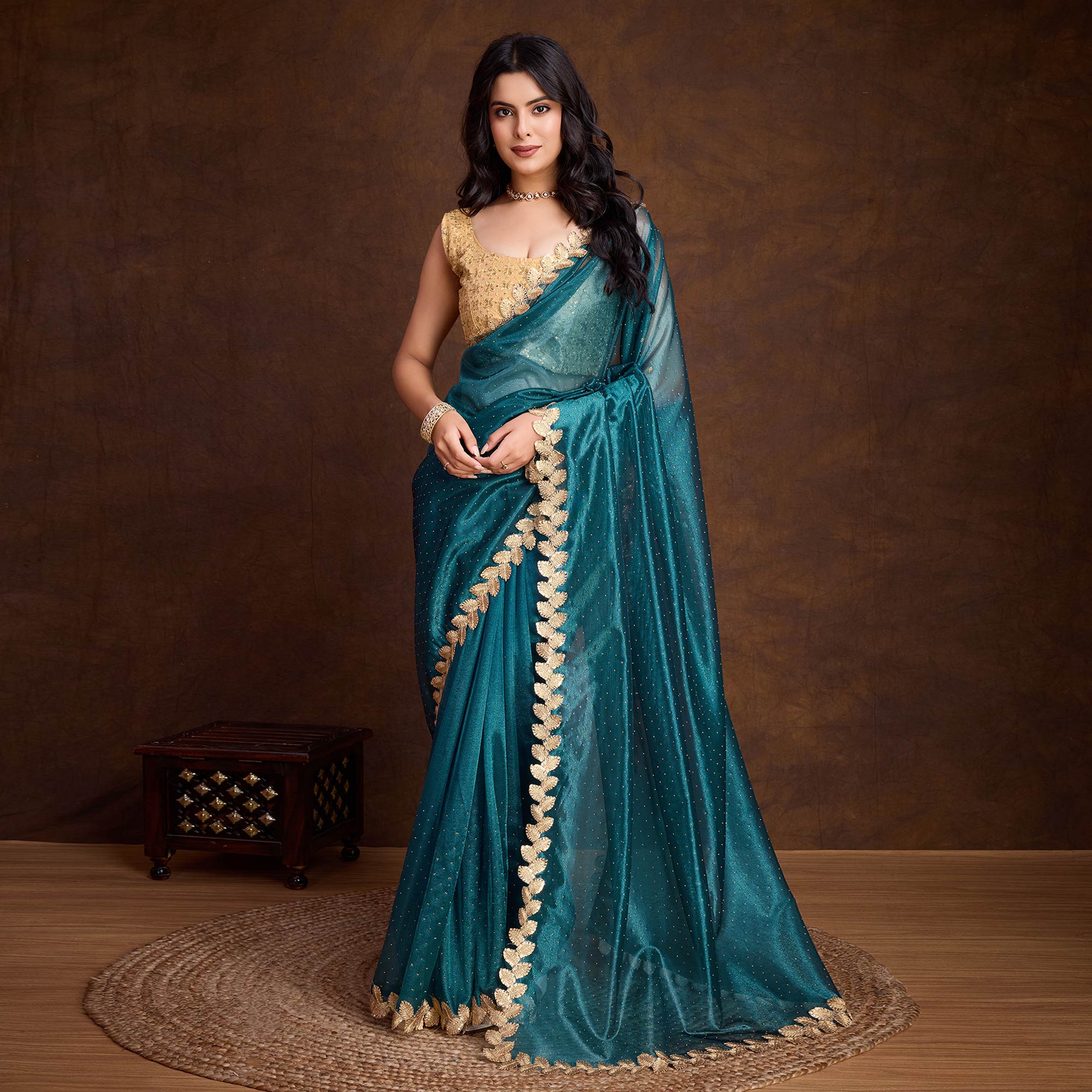 Peachmode Morpich Blue Swarovski Work Shimmer Net Saree - view 2