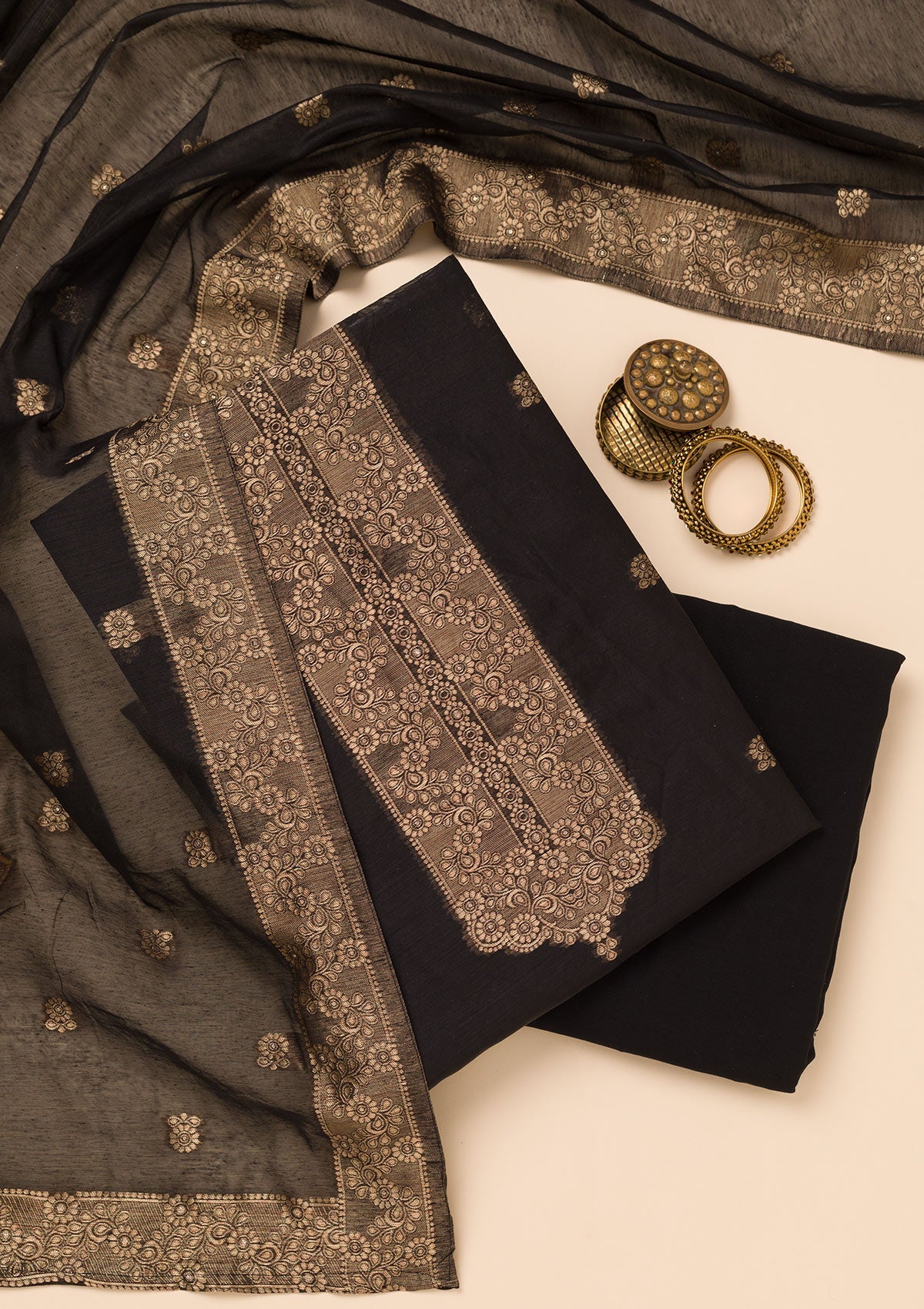 Koskii Black Zariwork Soft Silk Unstitched Salwar Suit