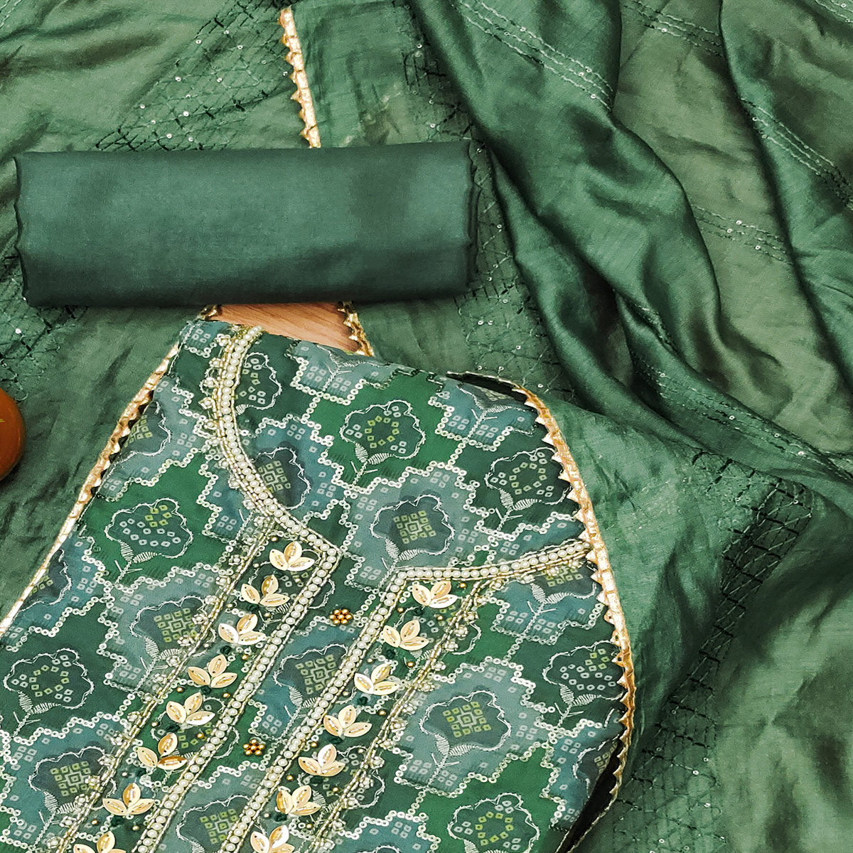 BlackTree green-sequins-embroidered-with-printed-organza-dress-material-4 - view 2
