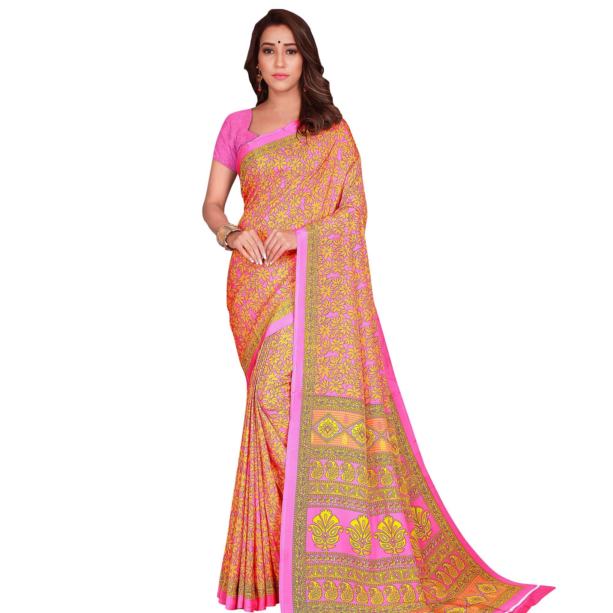 Peachmode Energetic Orange Colored Casual Wear Printed Crepe Saree