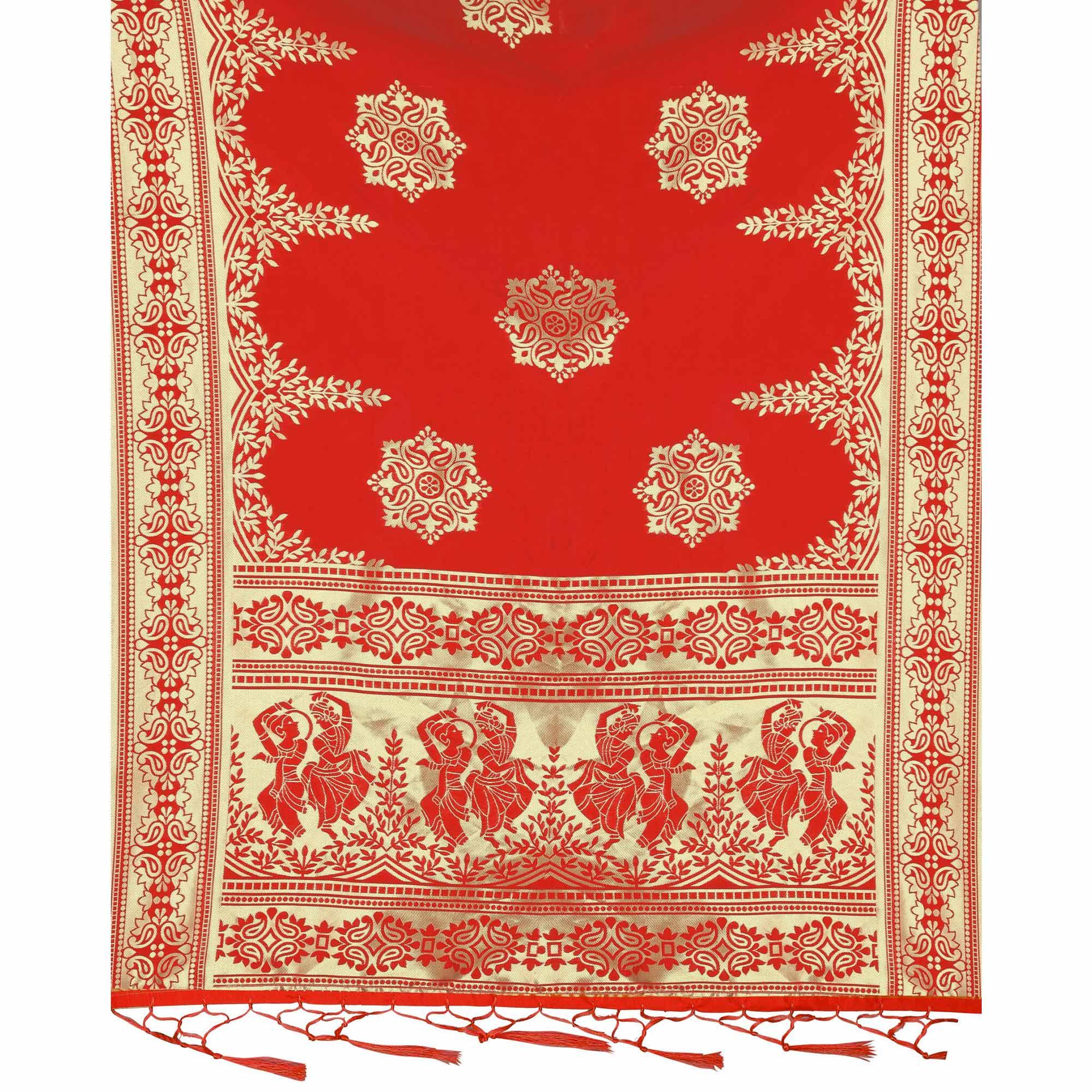 Peachmode Seller Breathtaking Red Colored Festive Wear Banarasi Silk Dupatta - view 5