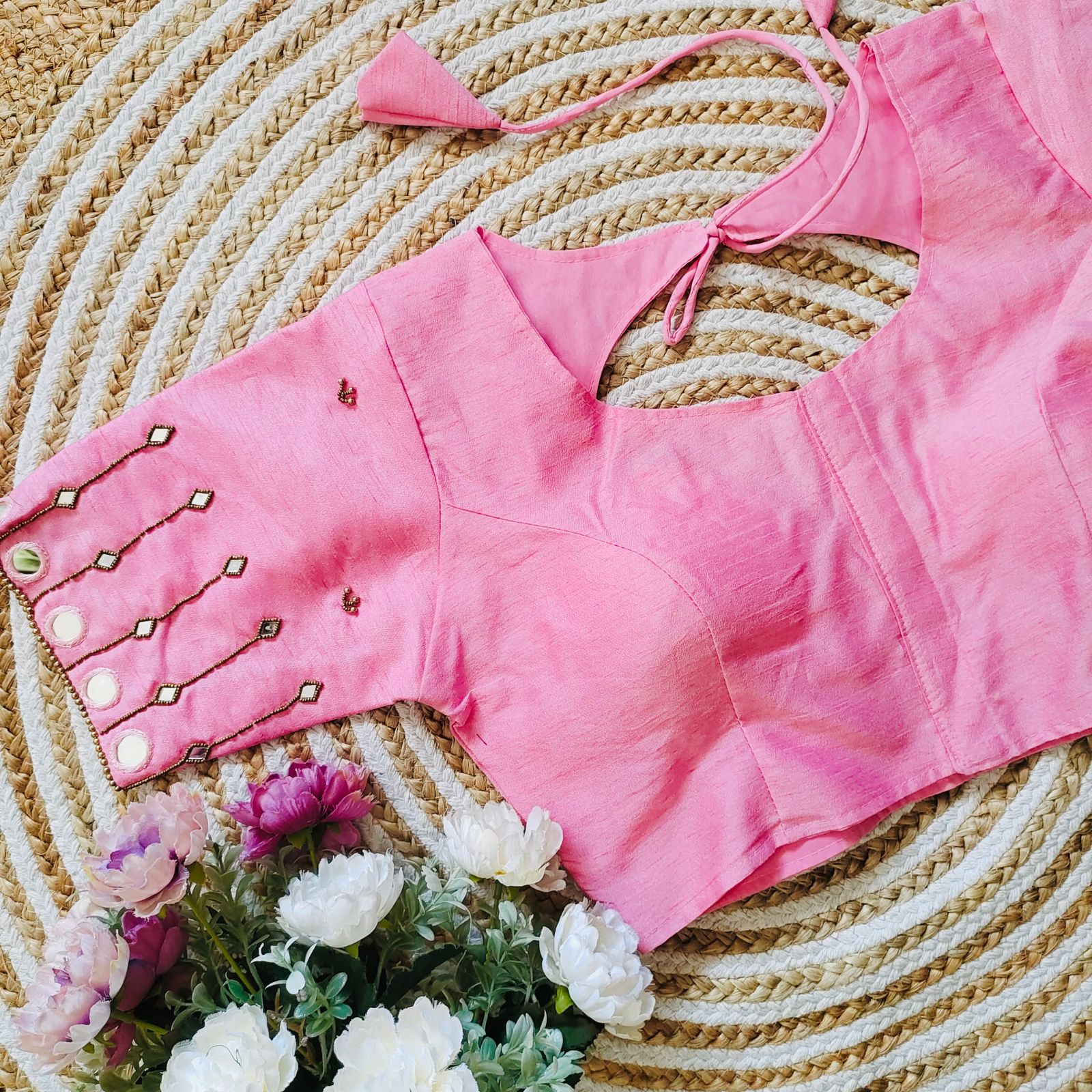 ClothsVilla Pink Russian Silk Blouse with Mirror and Pearl Embellishments