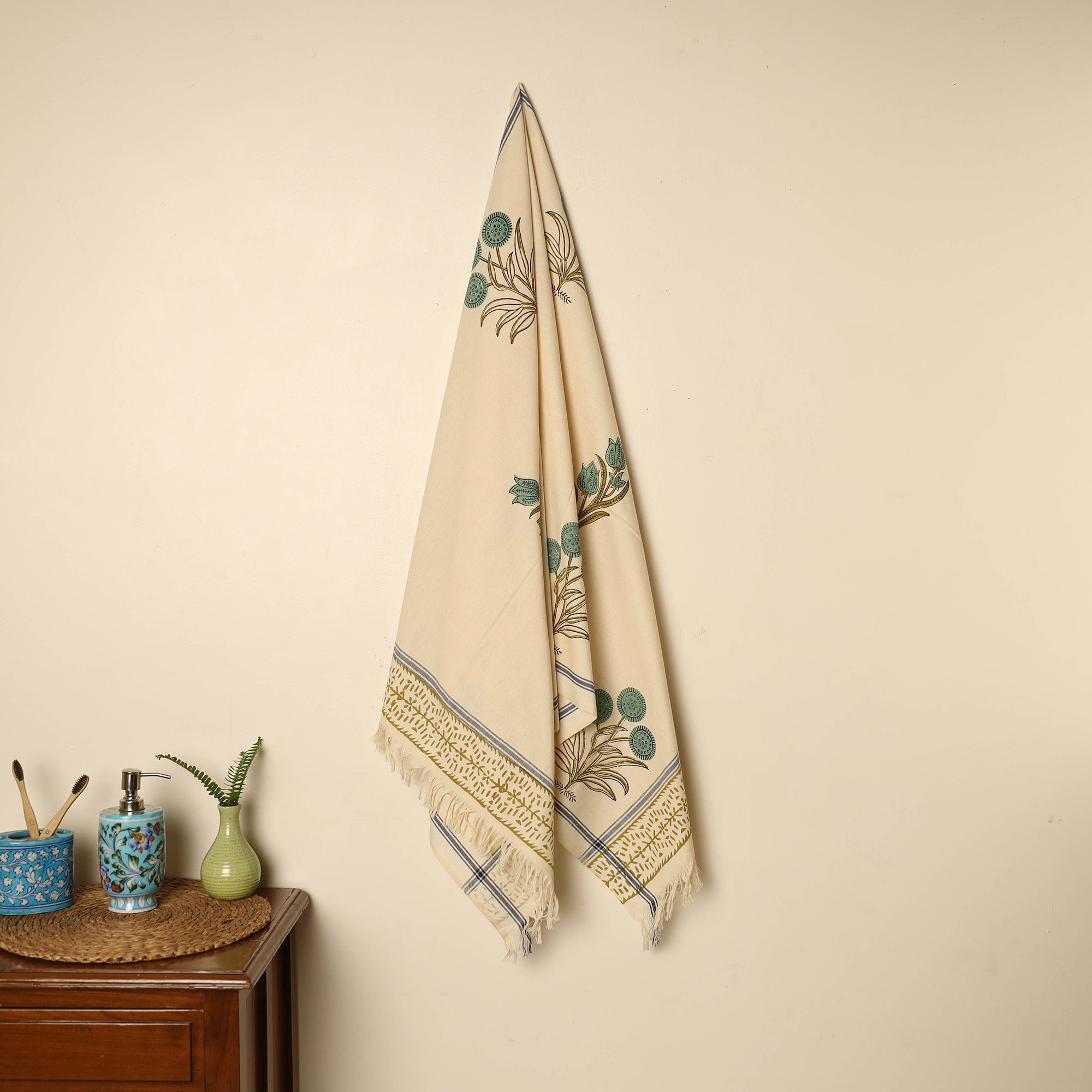 ARTISAN HAND BLOCK PRINTS Beige - Block Printed Handloom Cotton Sanganeri Towel 32