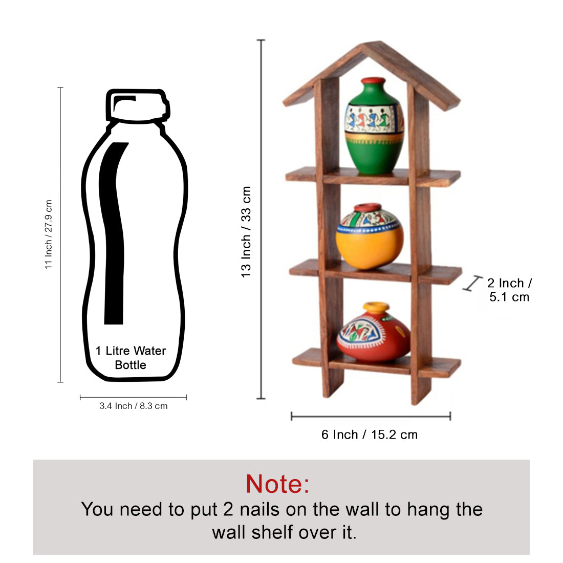 EXCLUSIVELANE 3 Terracotta Warli Handpainted Pots with Sheesham Wooden Hut Frame Wall Hanging - view 4