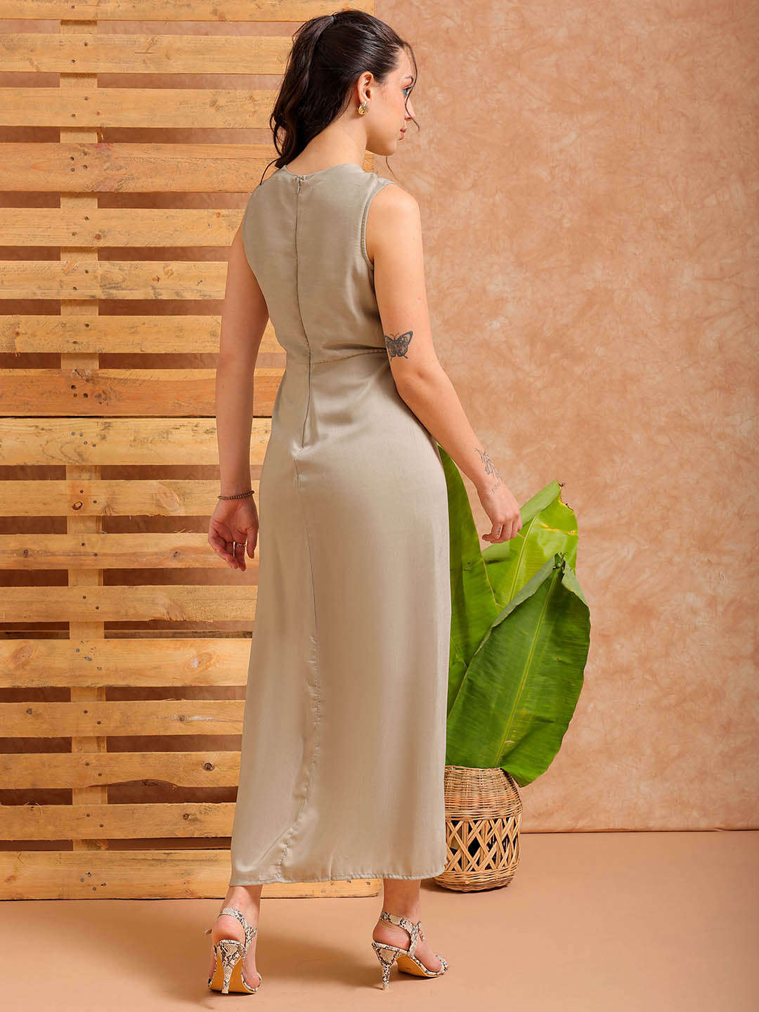 Freehand by The Indian Garage Co Women's Grey Fit and Flare Solid Partywear Asymmetric Dress - view 3