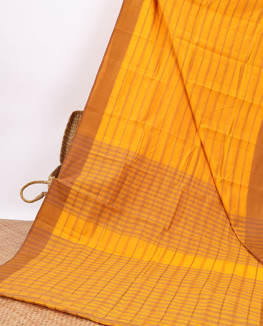 Pothys Yellow striped semi-banaras tussar saree with contrast border & checked pallu