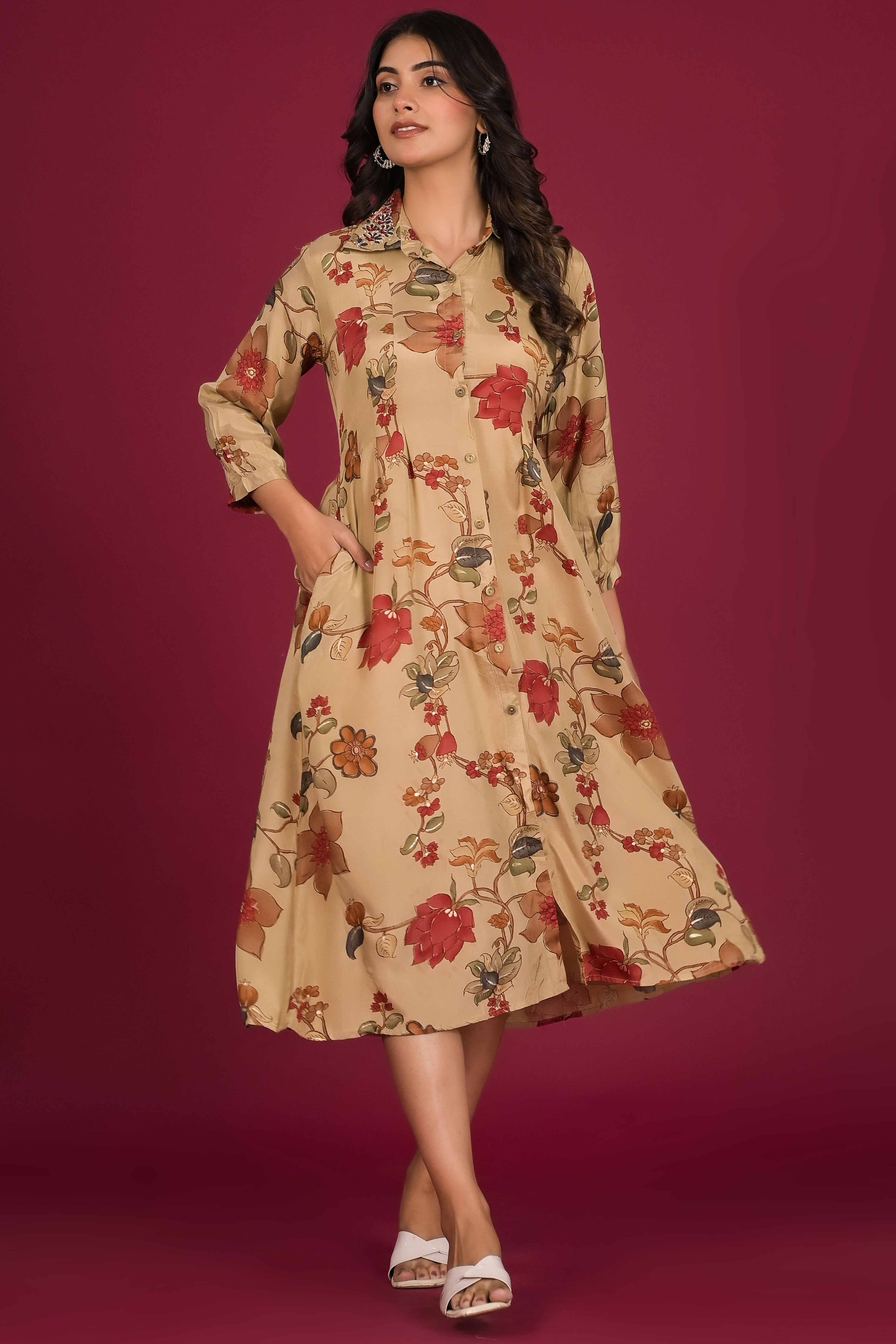 Peachmode Chikoo Floral Printed Muslin A-Line Dress
