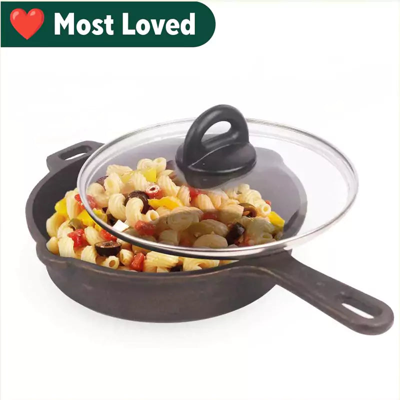 The Indus Valley CASTrong Cast Iron Fry Pan/Skillet, Glass Lid, Pre-seasoned, Natural Nonstick, 100% Pure, Induction, 20.3cm, 0.9L, 2.3kg