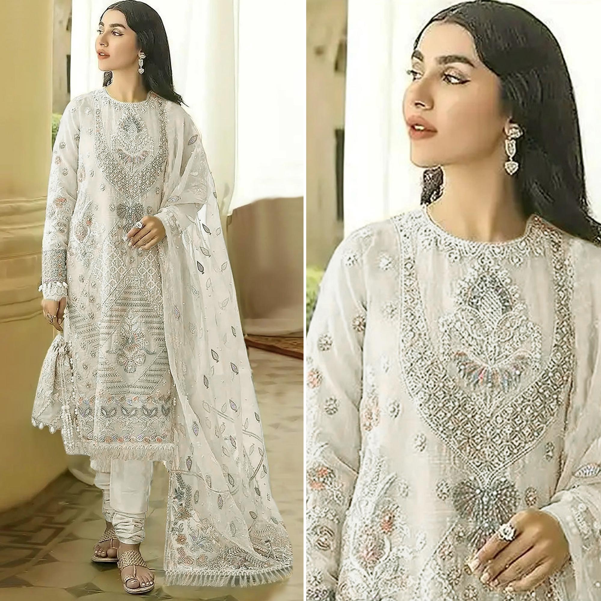 Peachmode Cream Floral Embroidered Georgette Semi Stitched Pakistani Suit