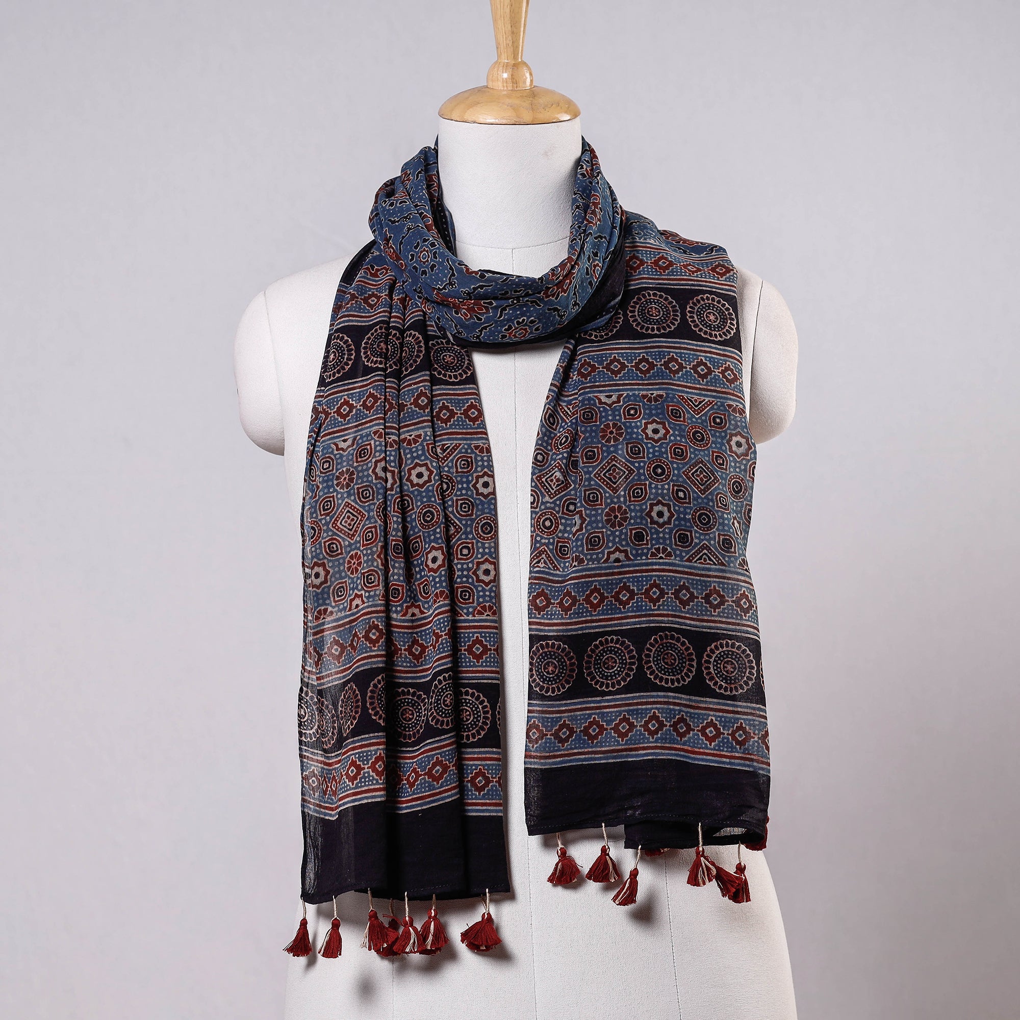 AJRAKH BY SUFIYAN ISMAIL KHATRI Blue - Ajrakh Block Printed Mul Cotton Stole With Tassels