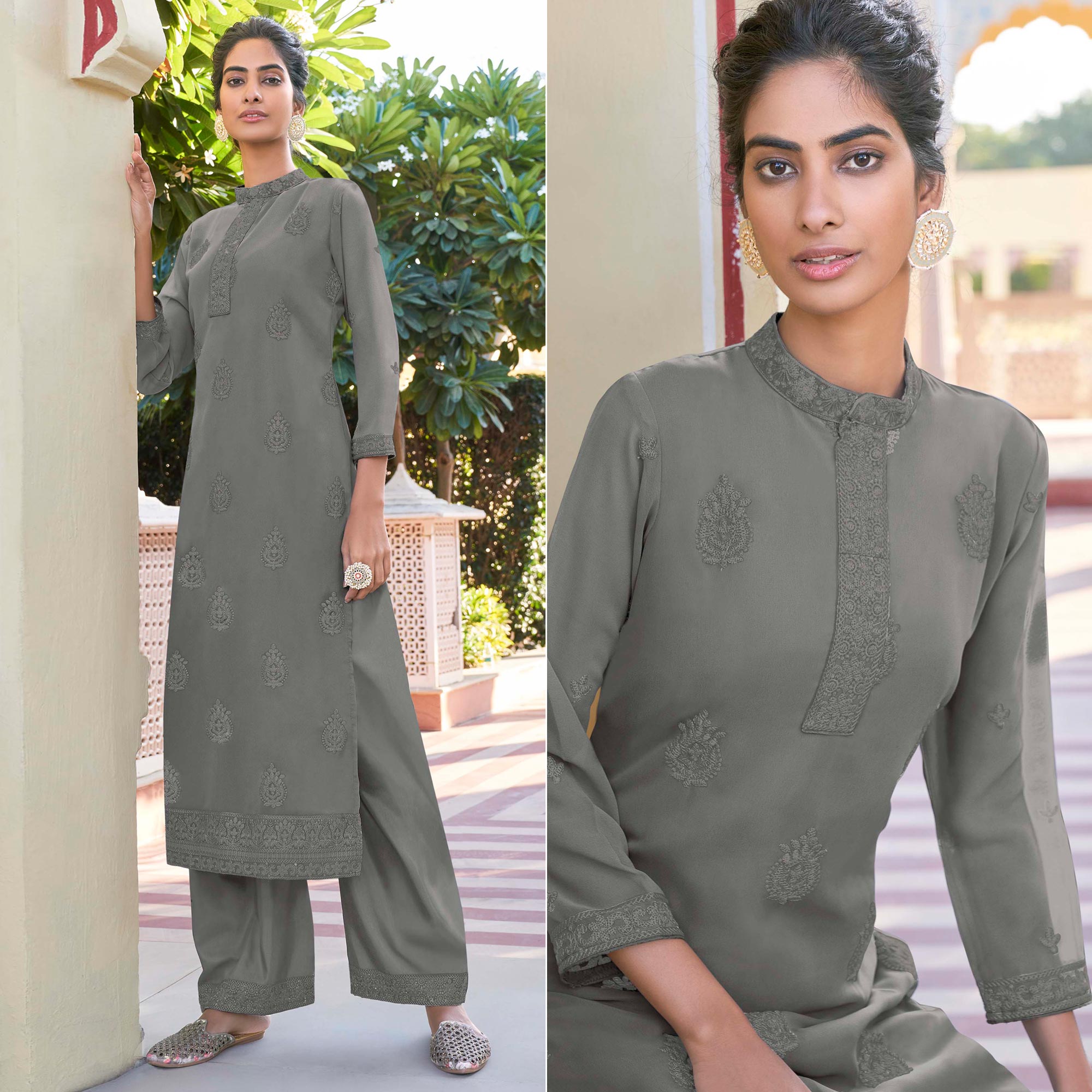Grey kurtas – BlackTree grey-lucknowi-embroidered-georgette-kurti-palazzo-set