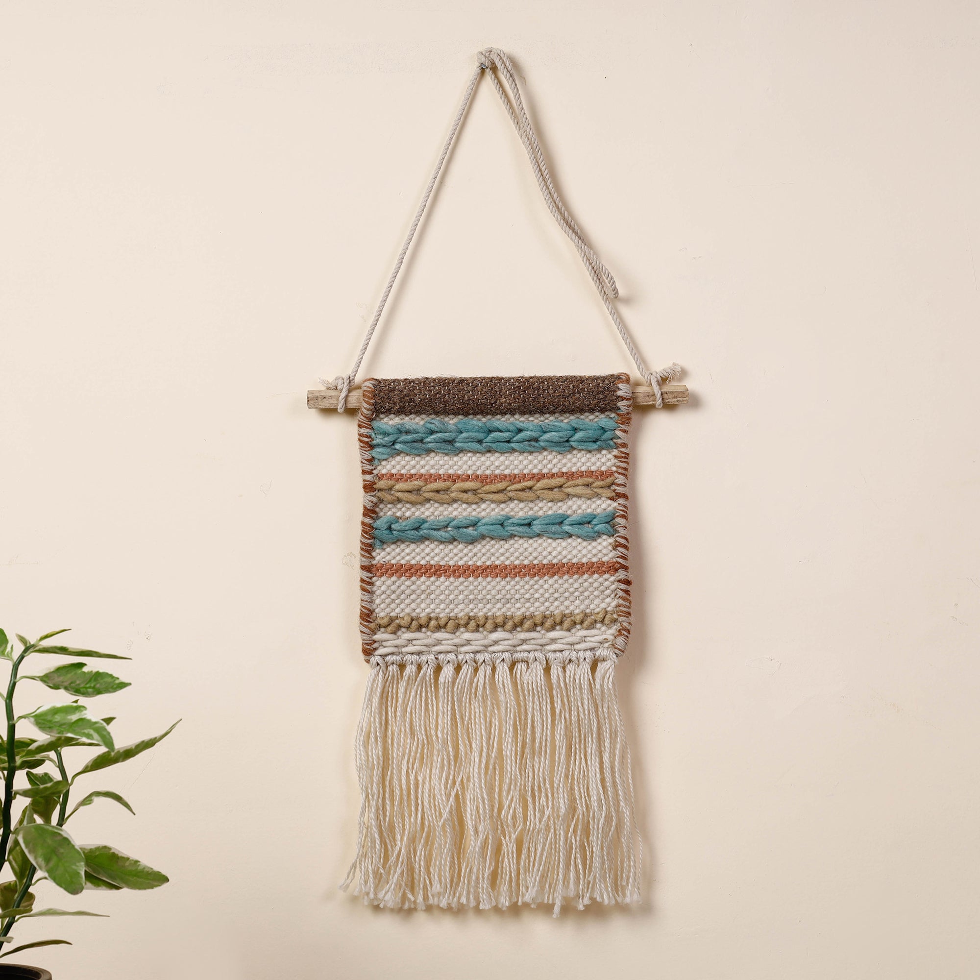 ITOKRI CRAFTS INITIATIVE Bhadohi Handwoven Wool Geometric Fringed Wall Hanging