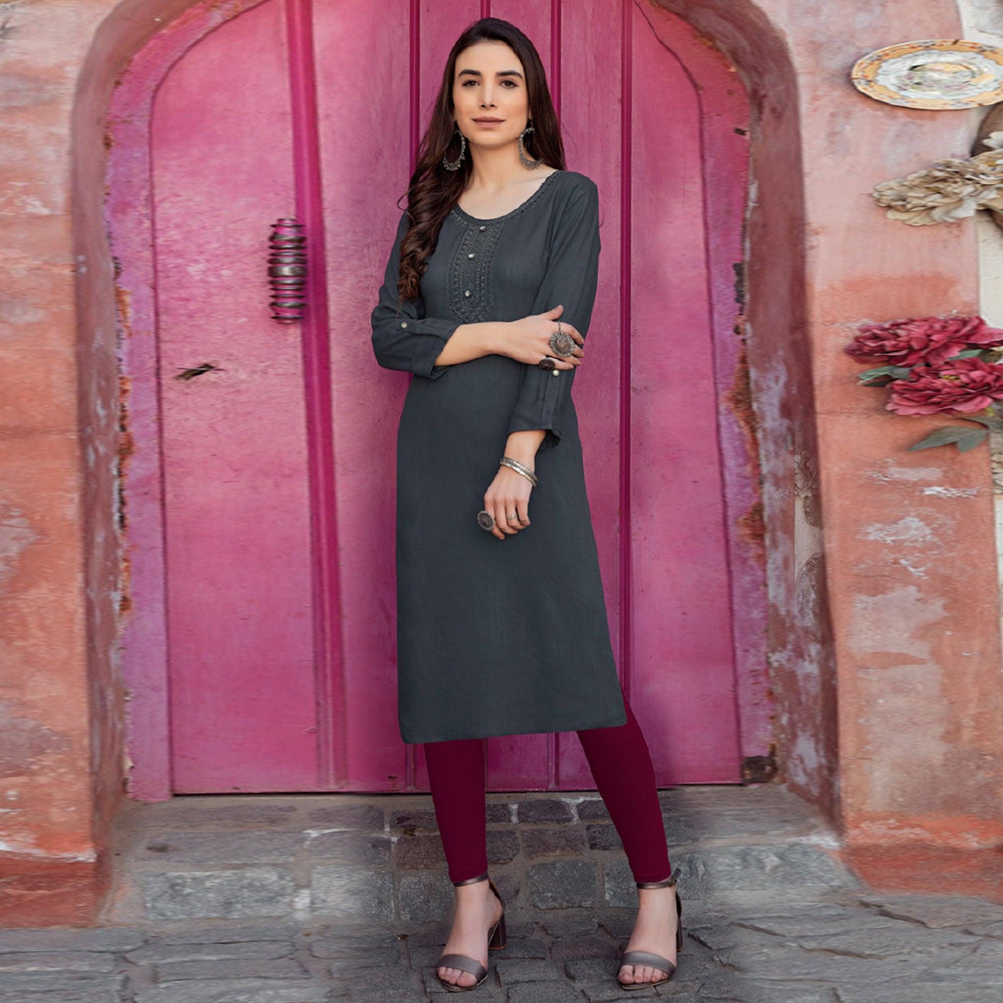 Peachmode Seller Grey Sequins Embroidered Pure Cotton Kurti - view 2