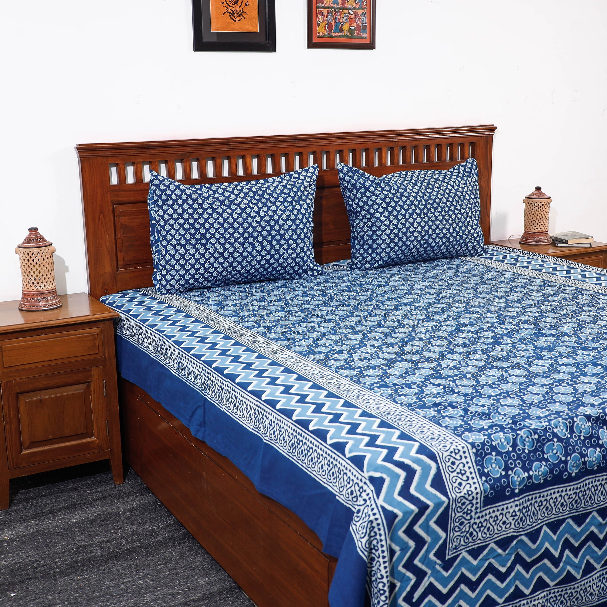 HAVELI CHRONICLES Blue - Pipad Block Printed Cotton Double Bed Cover with Pillow Covers (108 x 90 in)