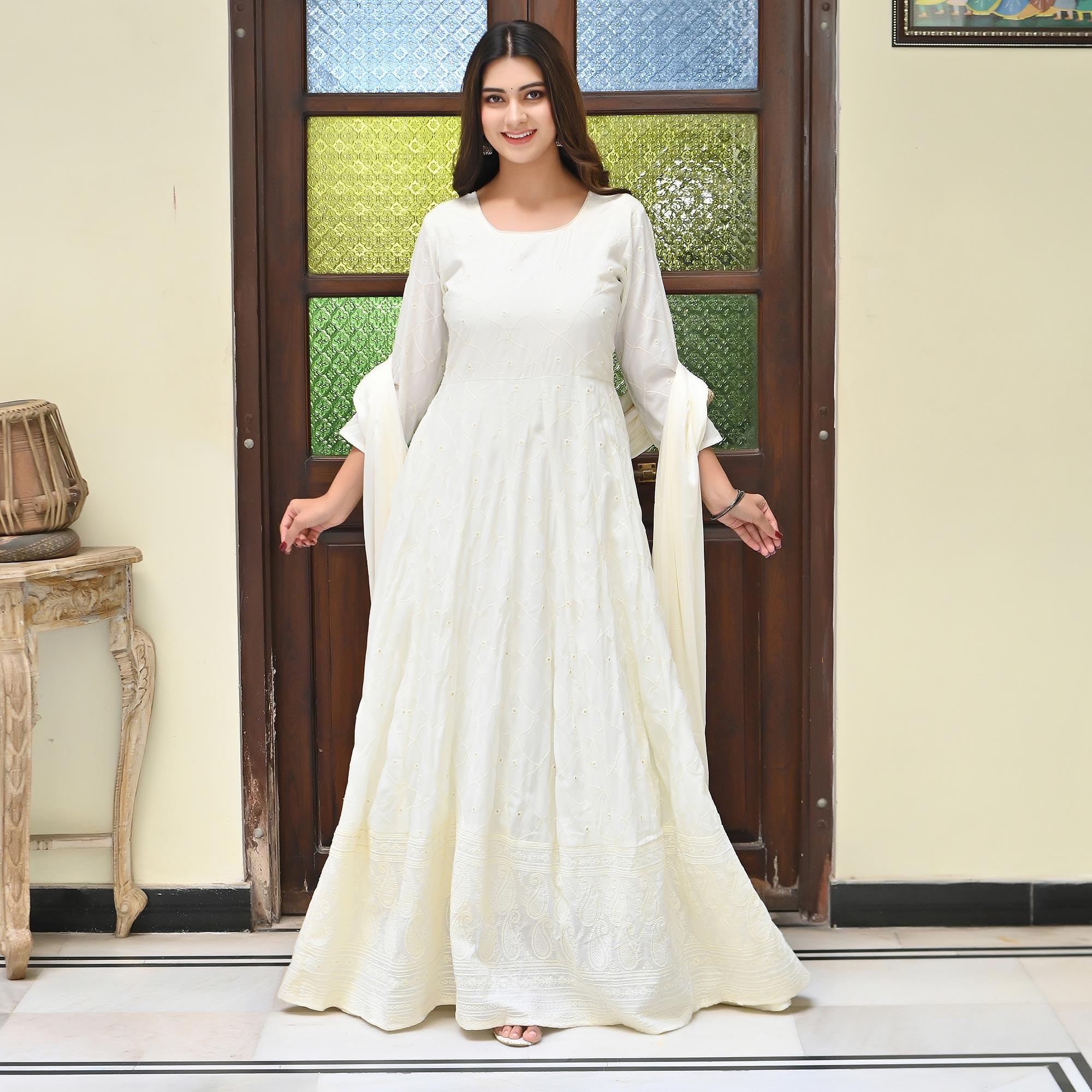 Peachmode Cream Chikankari Embroidered Georgette Gown - view 6