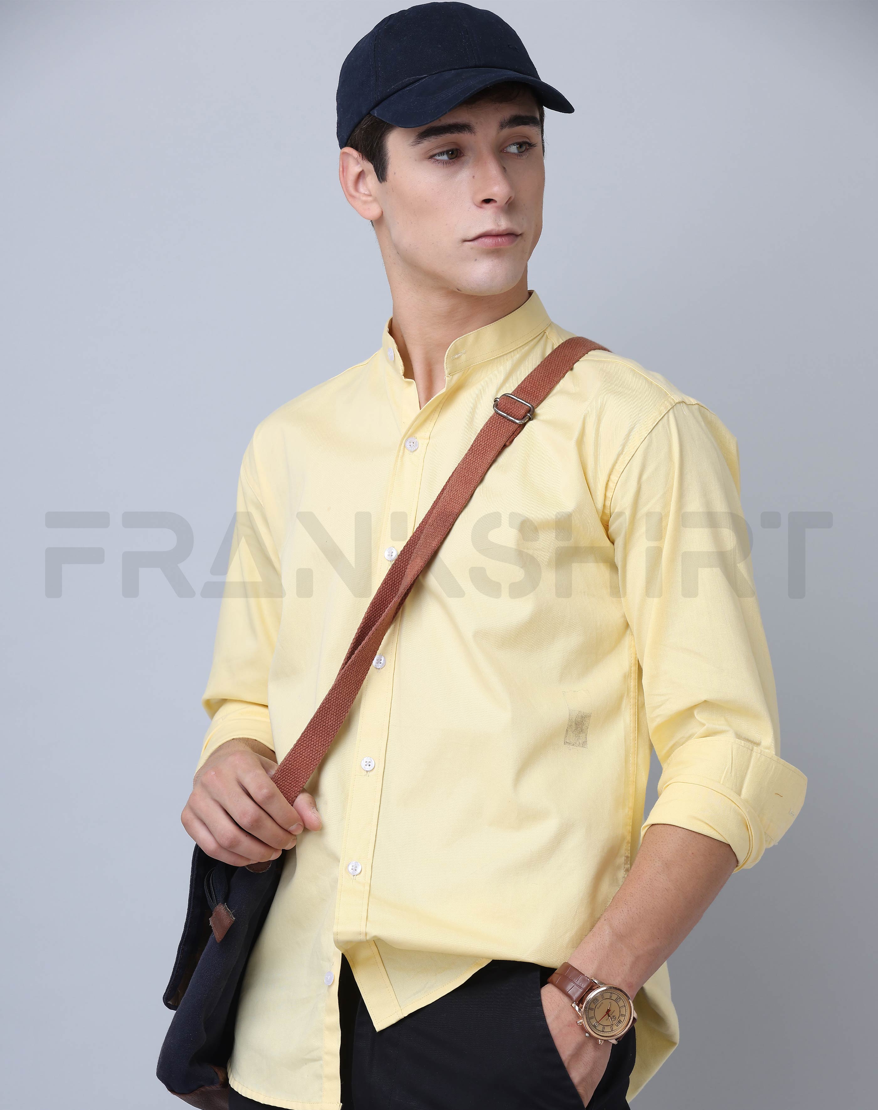 BlackTree Frankshirt Chinese Collar Yellow Tailored Fit Cotton Casual Shirt for Man
