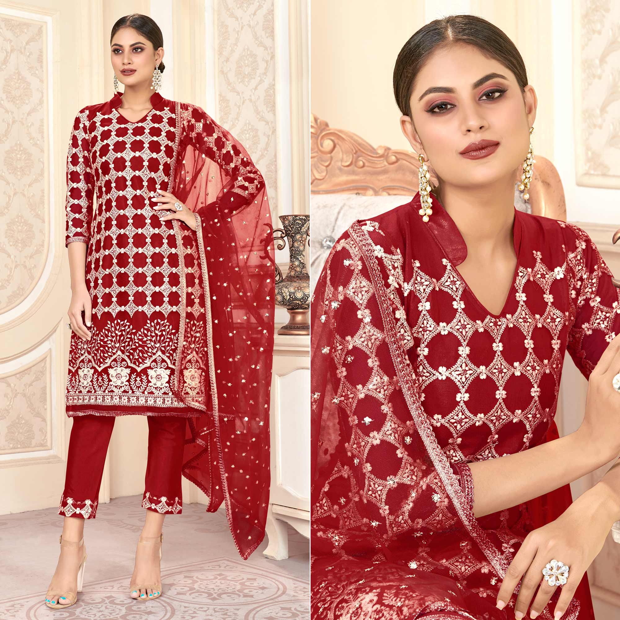 Peachmode Maroon Sequins Embroidered Net Semi Stitched Suit