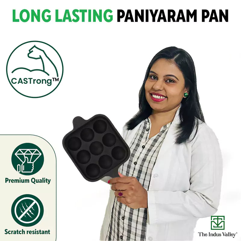 The Indus Valley 9 Pit/Cup CASTrong Cast Iron Paniyaram/Appe Pan+ Cool Silicone Grip, Pre-seasoned, Nonstick, 100% Pure, Toxin-free, 18cm, 2.4 kg - view 10