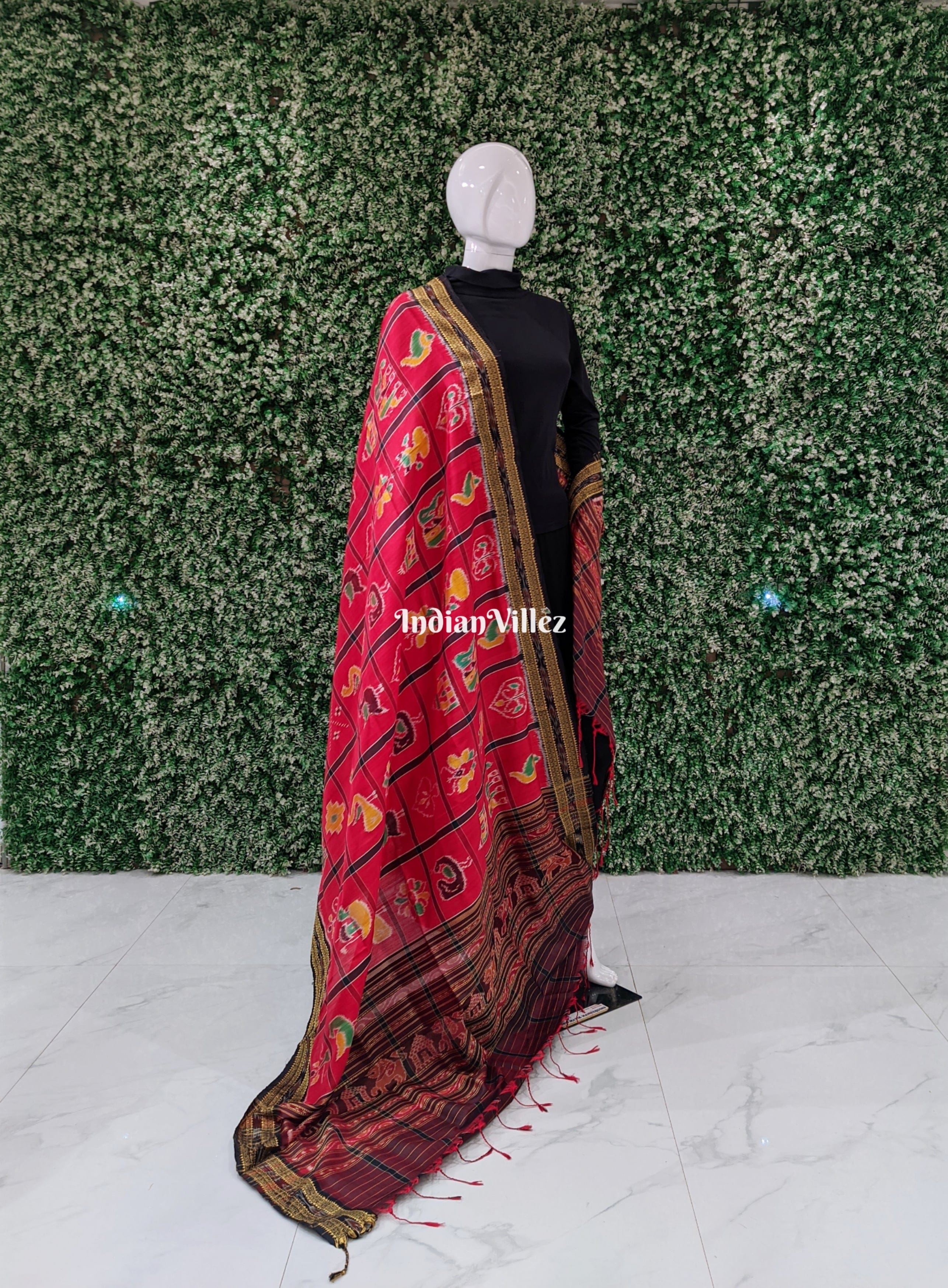 IndianVillèz Red Nabakothi Odisha Handloom Silk Dupatta