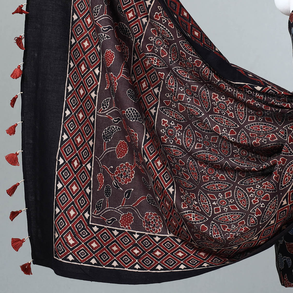 AJRAKH BY JABBAR KHATRI Black - 3pc Ajrakh Block Printed Cotton Suit Material Set - view 4