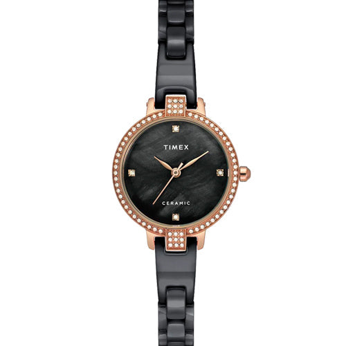 Timex Fashion Women's Black Mother of Pearl Dial Round Case 3 Hands Function Watch 28mm TWEL15703