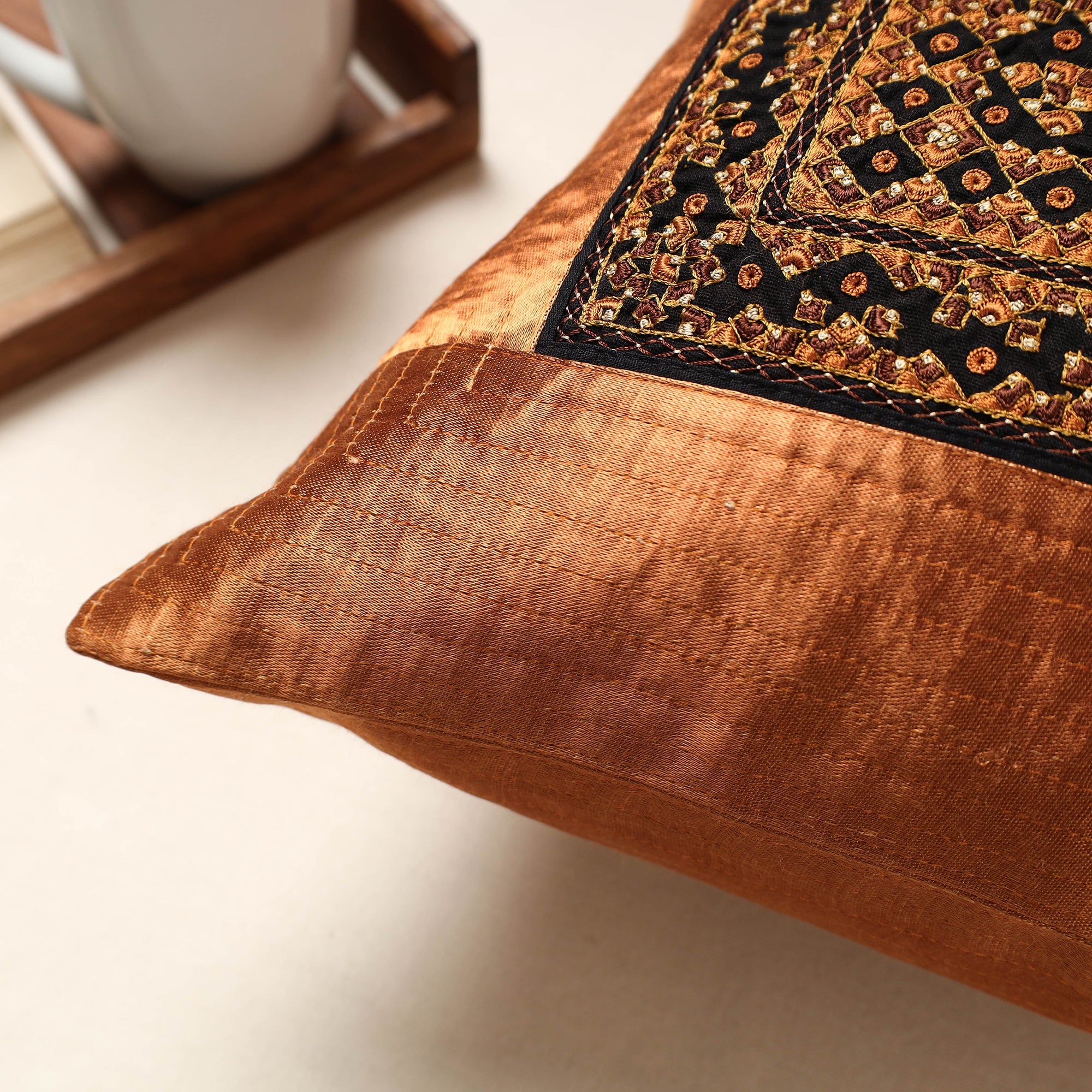 QASAB Brown - Kutch Neran Hand Embroidery Mashru Silk Cushion Cover (16 x 16 in) - view 2