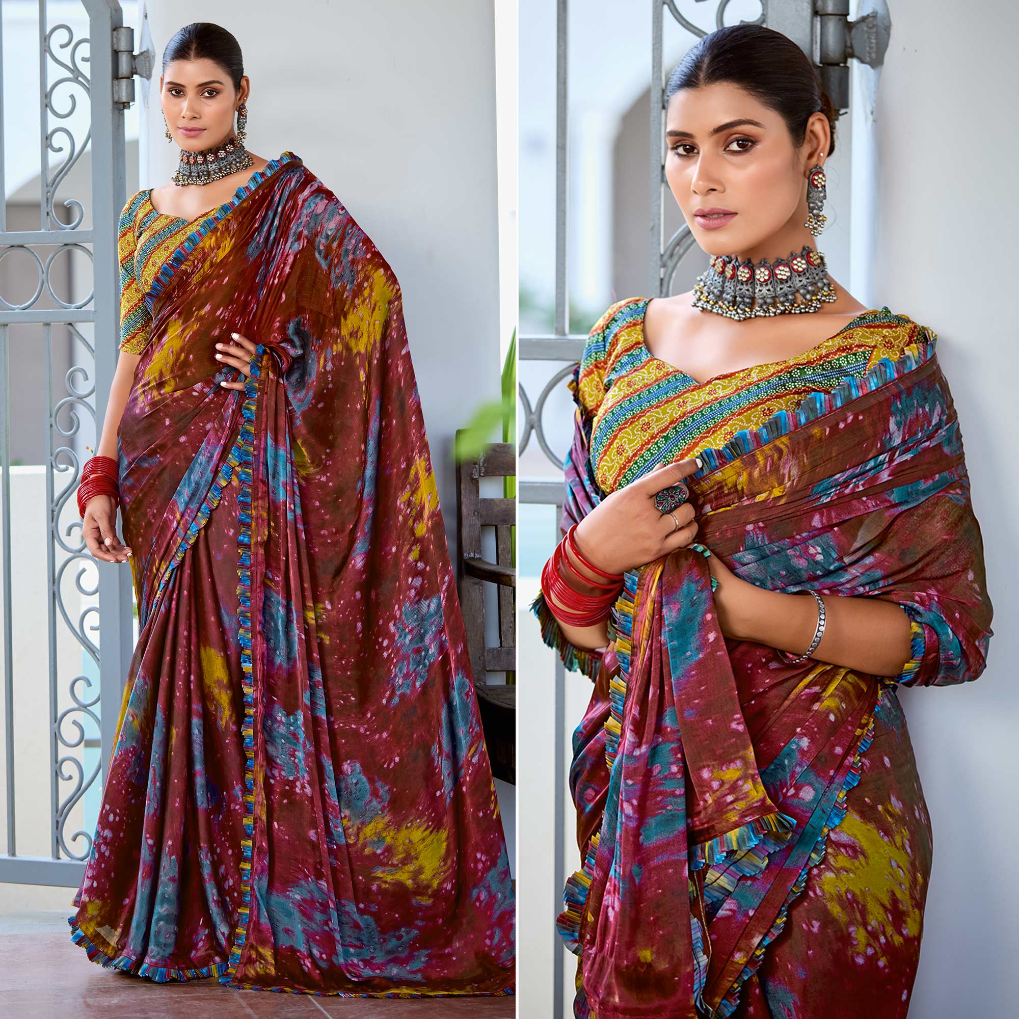 Peachmode Dark Brown Printed Satin Saree With Frill Border