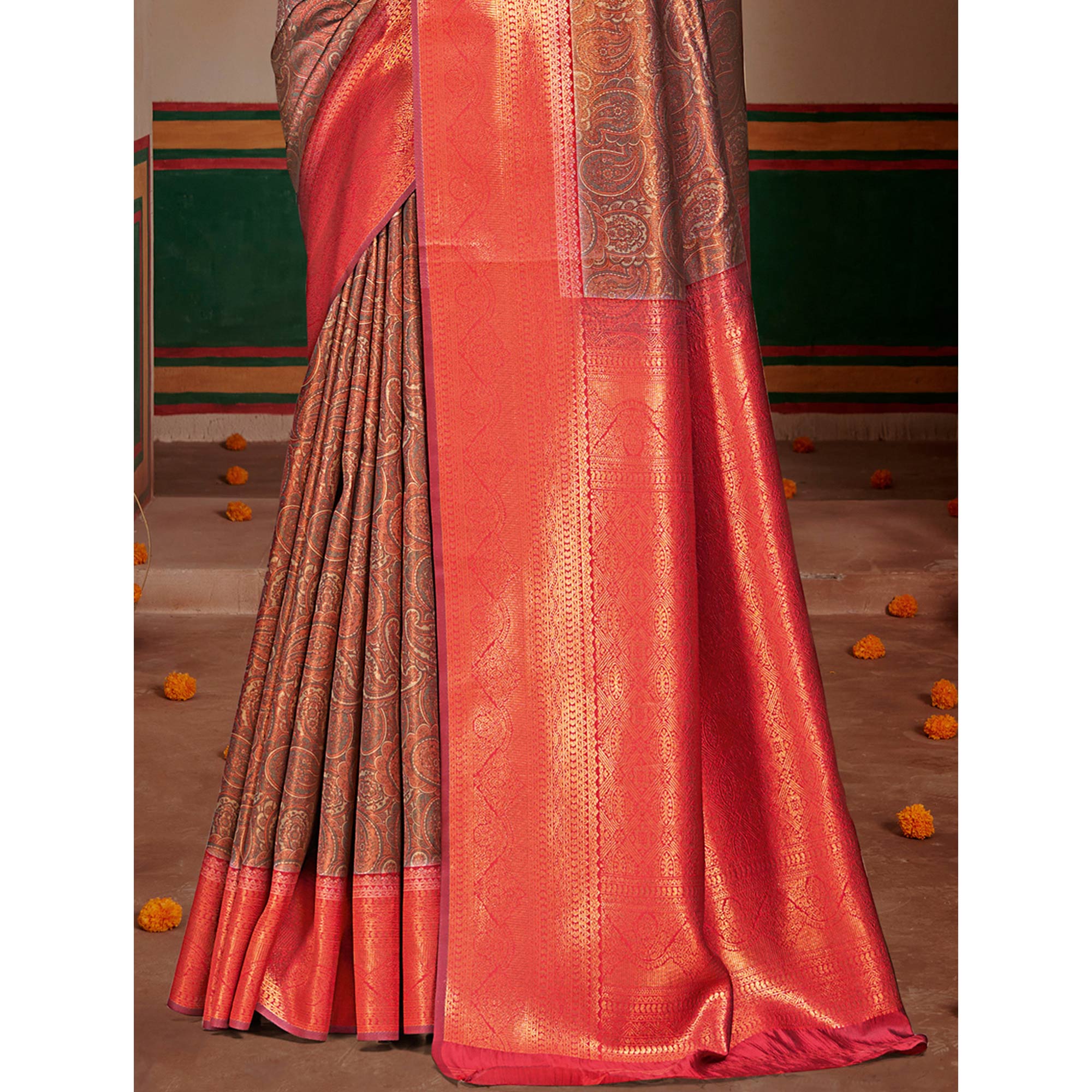 Peachmode Brown & Red Woven Vichitra Silk Saree With Tassels - view 4