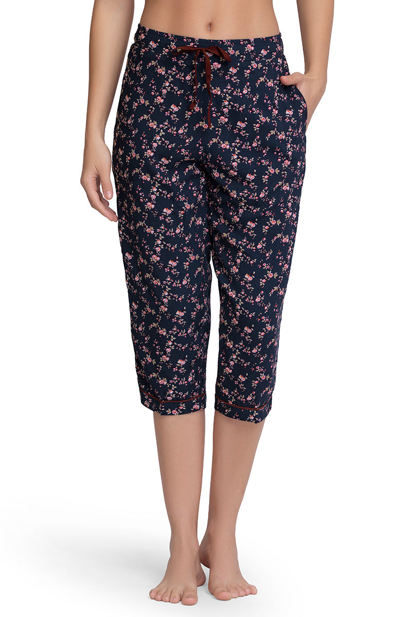 Amante Capri Length Pyjama Bottom - Floral Pr Navy