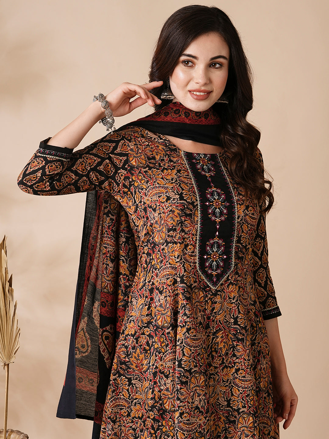 Fashor Floral Ethnic Printed & Embroidered Anarkali Kurta with Pant & Dupatta - Black - view 2