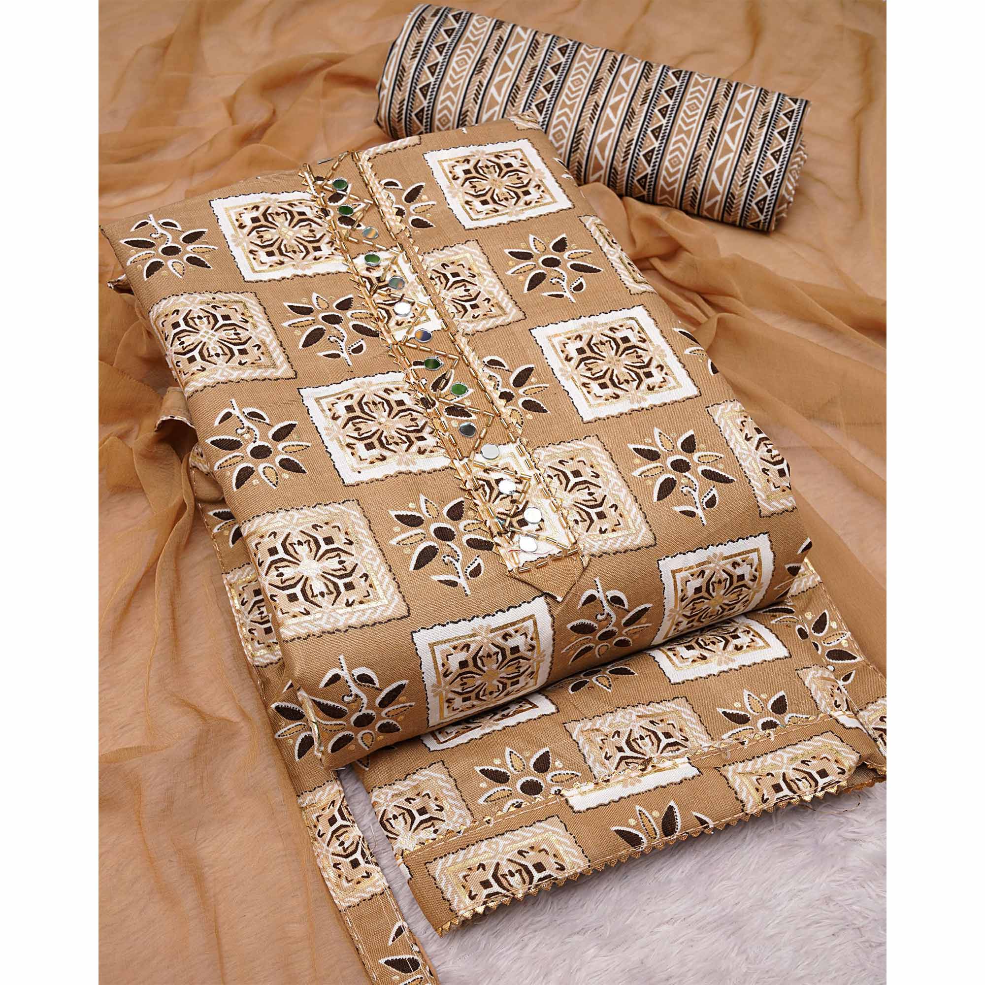 Peachmode Chikoo Floral Printed Pure Cotton Dress Material - view 3