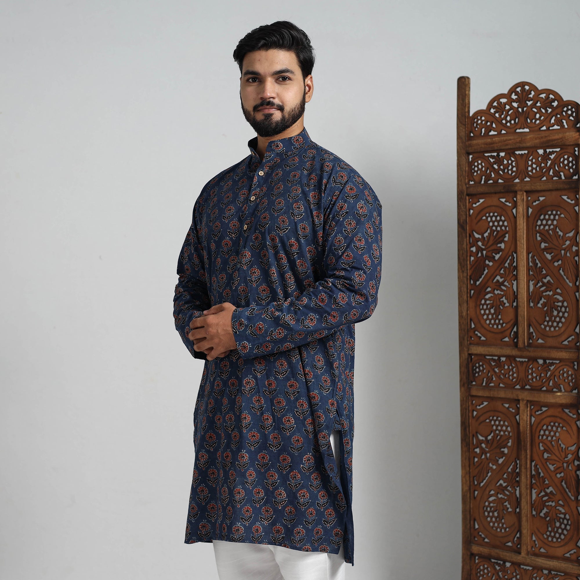 ITOKRI CASUALS Ajrakh Block Printed Cotton Men Long Kurta 18 - view 4