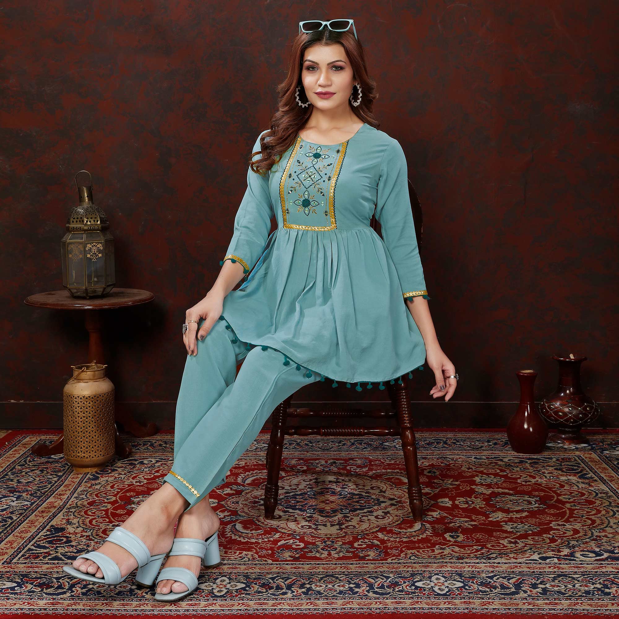 Peachmode Seller Dusty Turquoise Embroidered Cotton Blend Co Ord Set - view 4