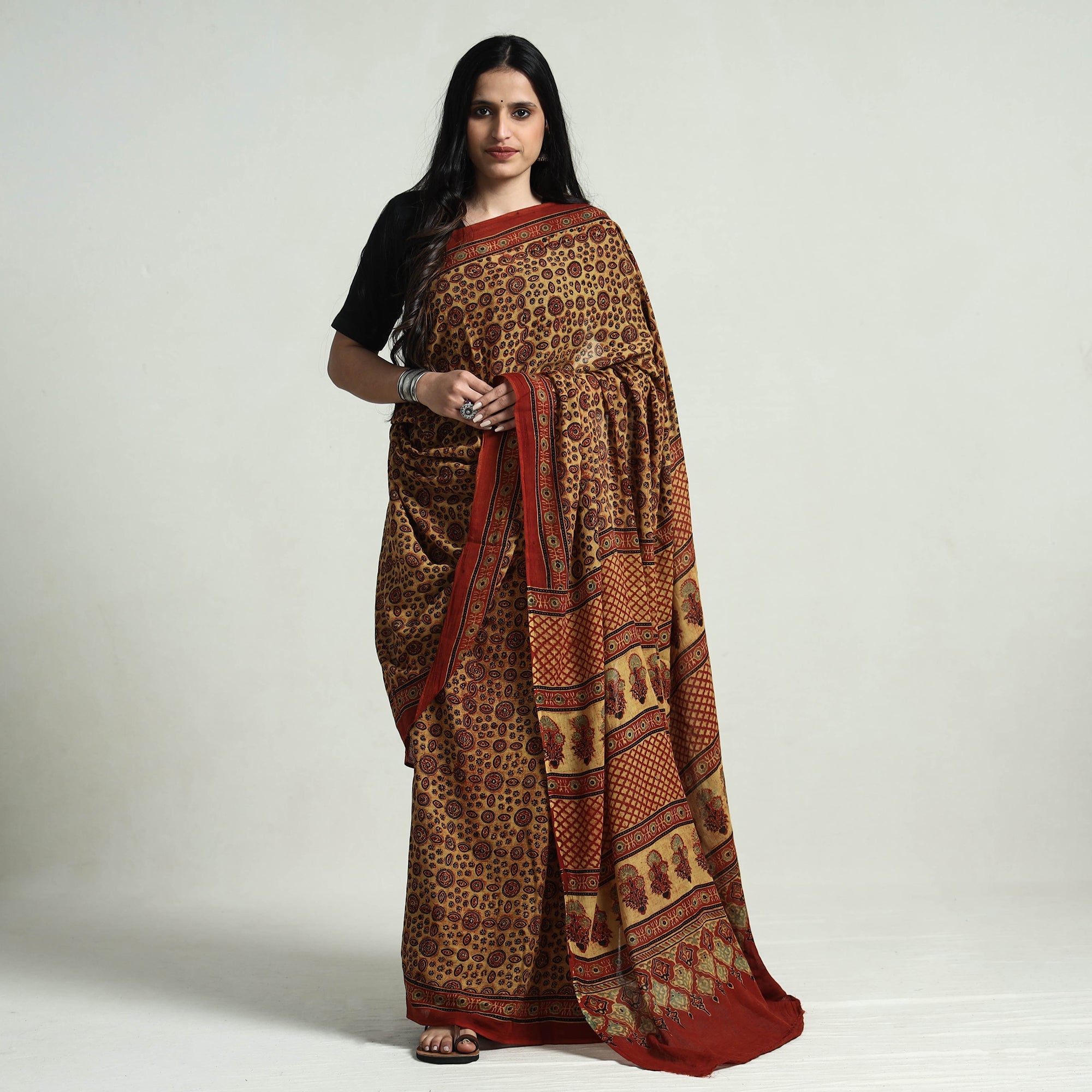 KACHCHH JI CHHAAP Beige - Block Printed Mul Cotton Ajrakh Saree
