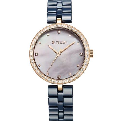 Titan Purple Ceramics Quartz Analog Mother of Pearl Dial Blue Ceramic Strap Watch For Women 34mm 95215KC03
