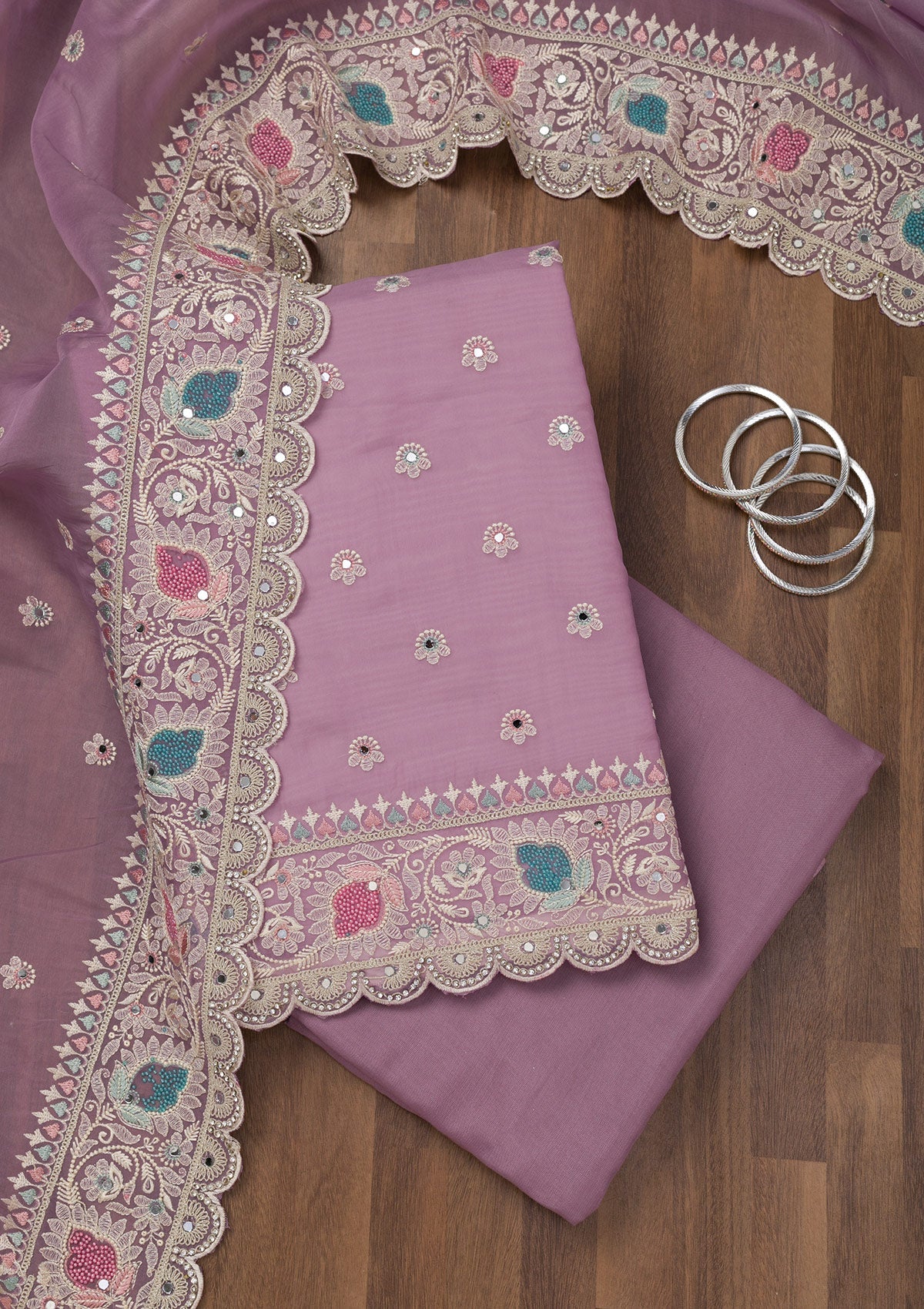 Koskii Lavender Threadwork Organza Unstitched Salwar Suit