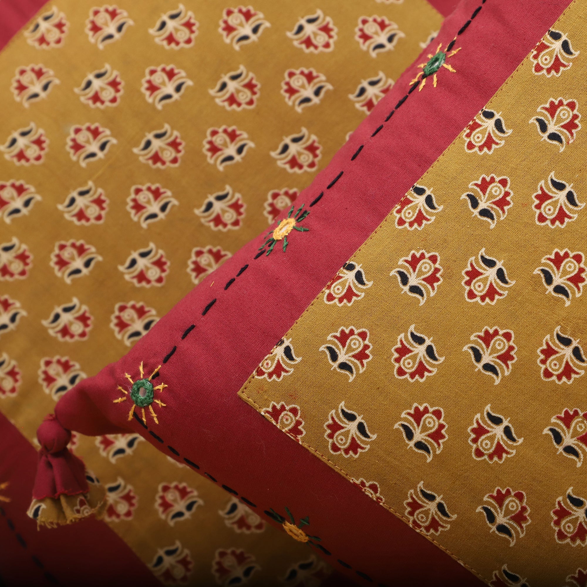 TICS Brown - Bagh Hand Block Printed Cotton Cushion Cover with Thread Embroidery - view 3