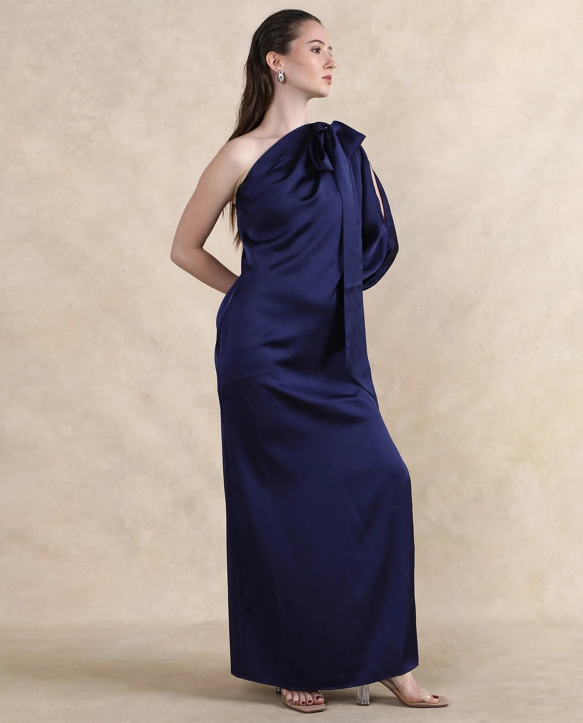 Rareism Women Ankara Navy One Shoulder Straight Fit Maxi Plain Dress - view 7