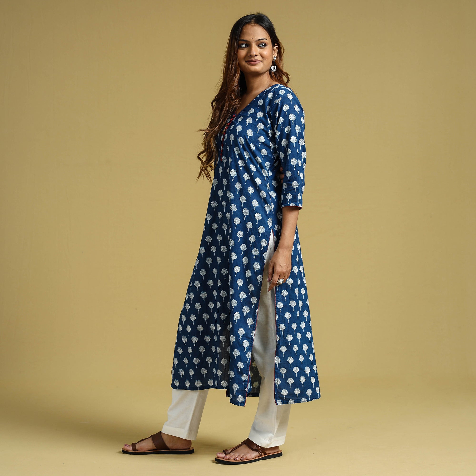 ITOKRI CASUALS Blue - Dabu Block Printed Cotton Straight Long Kurta - view 3
