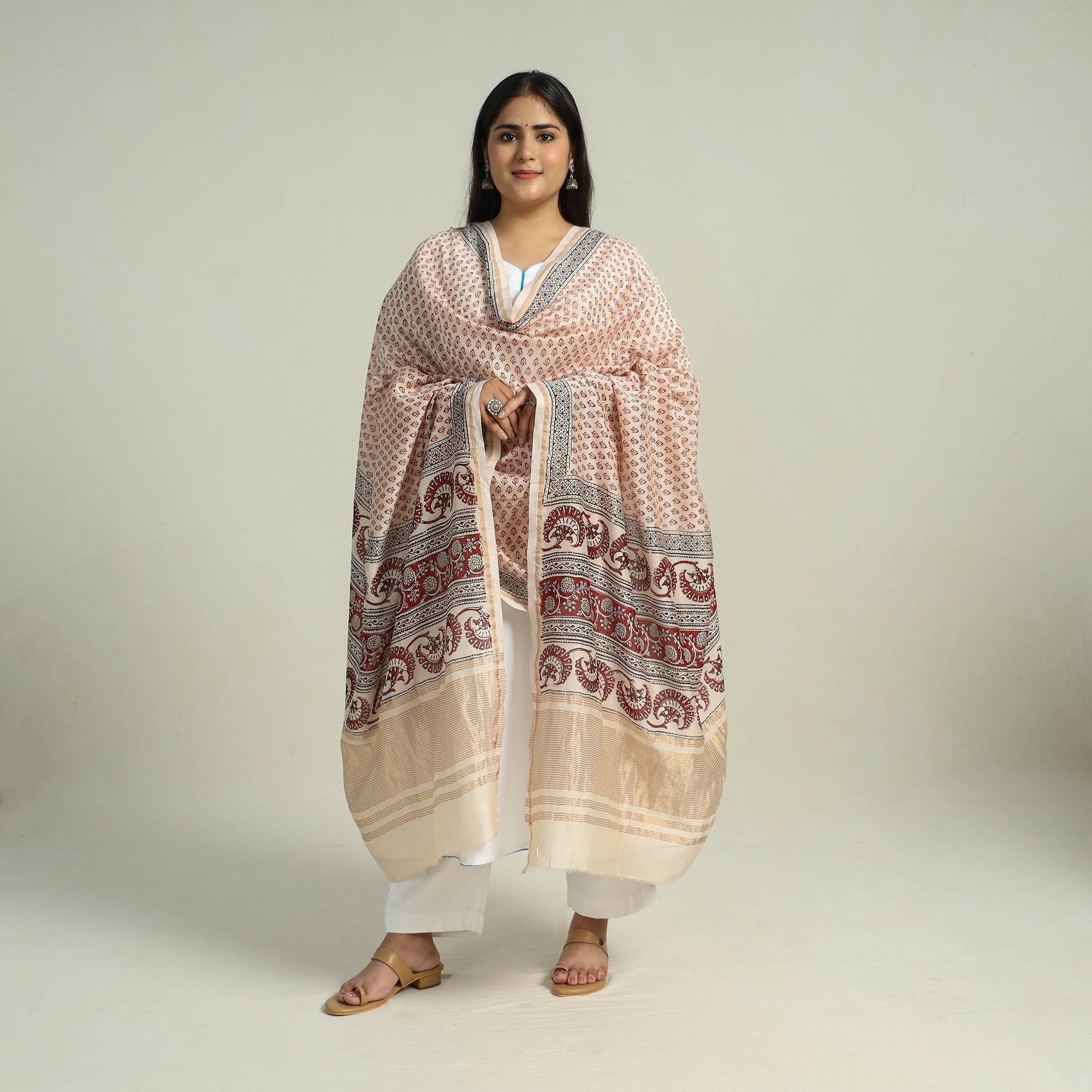BAGH PRINTS BY ABDUL KADAR KHATRI Beige - Traditional Maheshwari Silk Bagh Print Dupatta 02