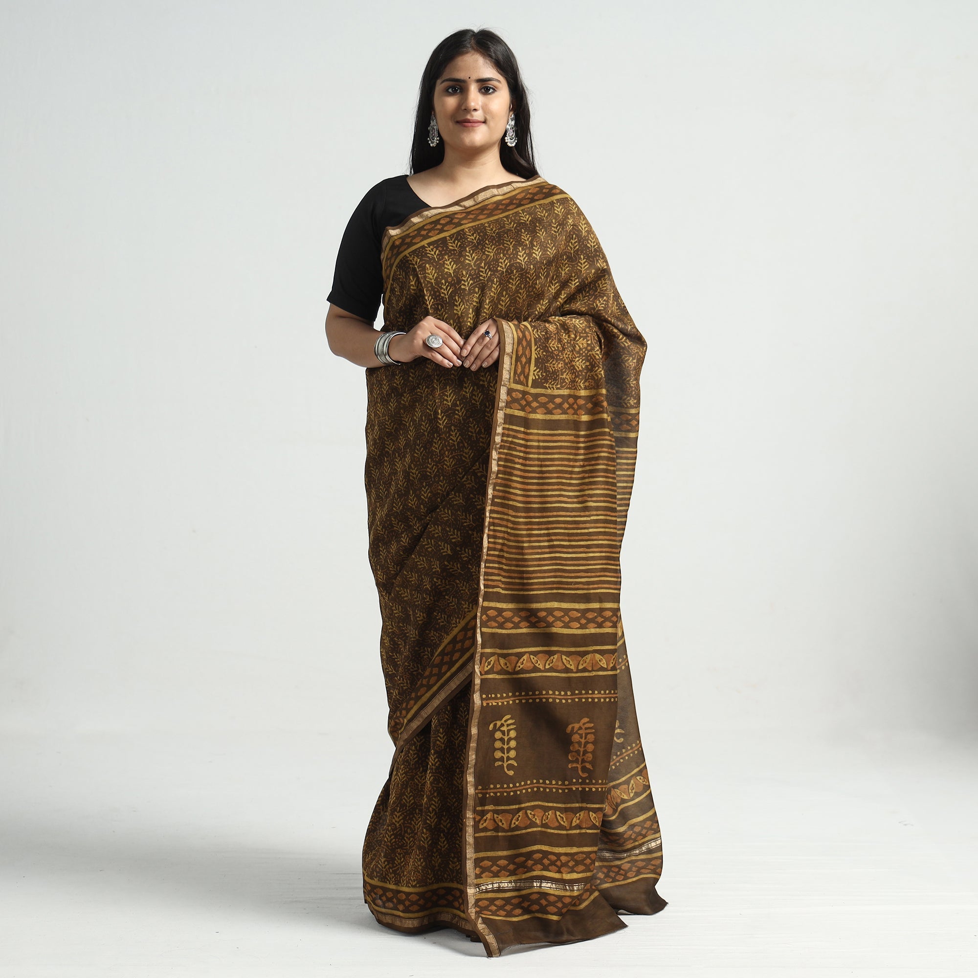HAVELI CHRONICLES Brown - Akola Hand Block Printed Chanderi Silk Saree with Zari Border