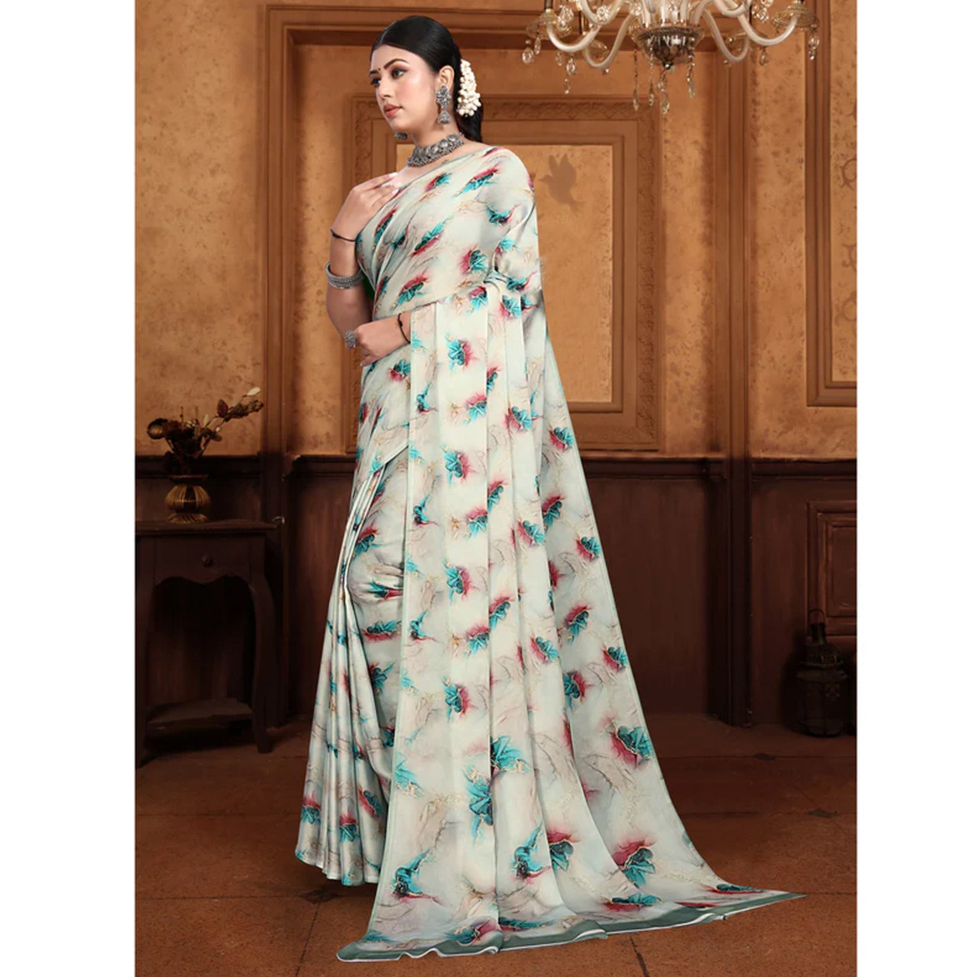 Peachmode Cream Digital Printed Georgette Saree - view 6